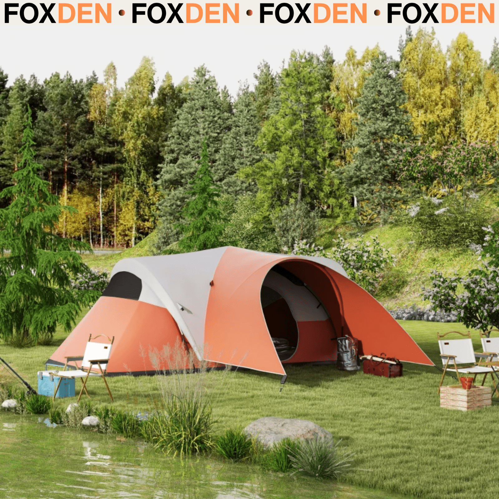 5 6 Man Camping Tent 3000mm Waterproof Mesh Windows Porch Canopy Orange FOXDEN - Home and Garden Furniture Shop - rustic - furniture
