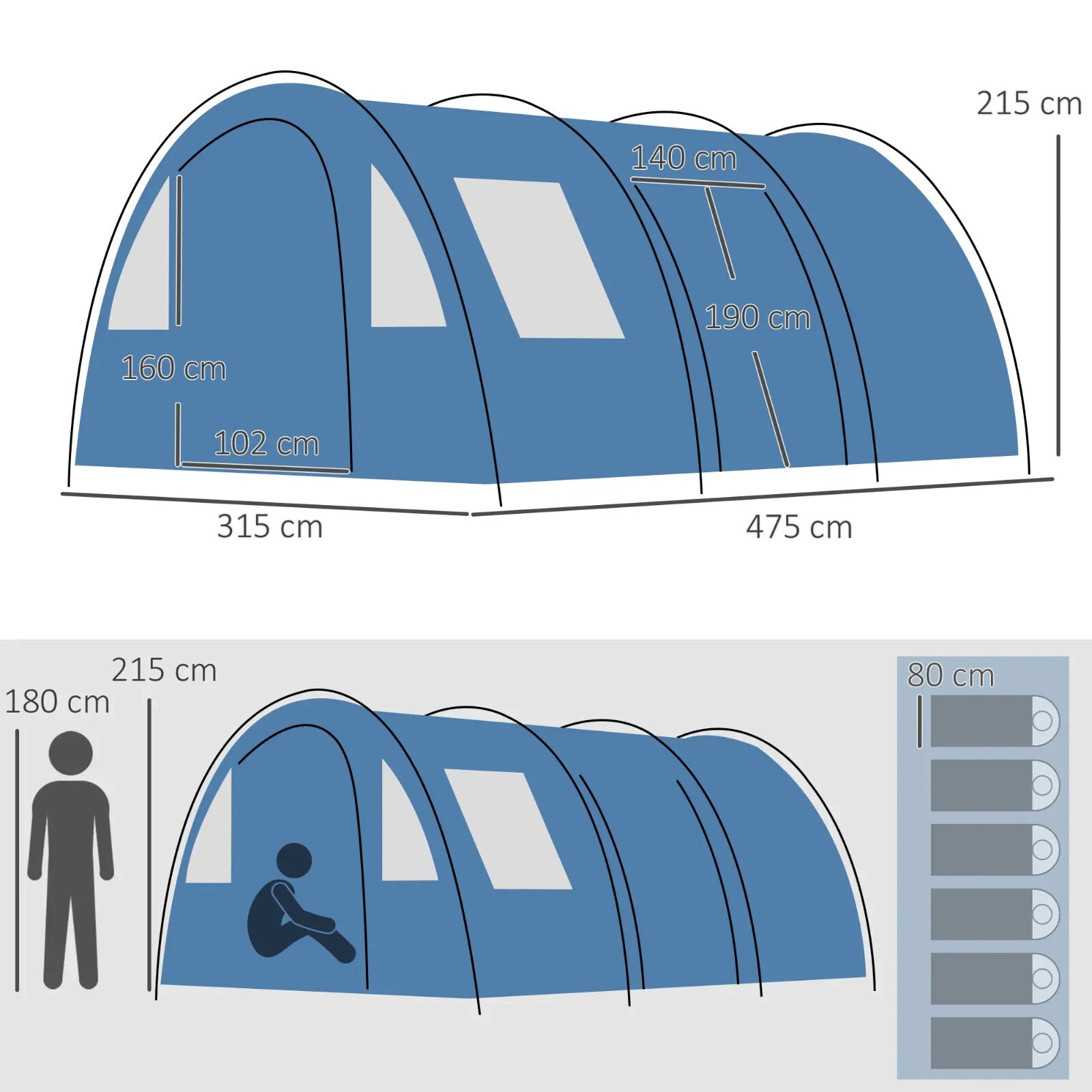 5 - 6 Man Tunnel Camping Tent with 2 Rooms Sewn - In Floor 2 Doors and Carry Bag - Home and Garden Furniture Shop - rustic - furniture