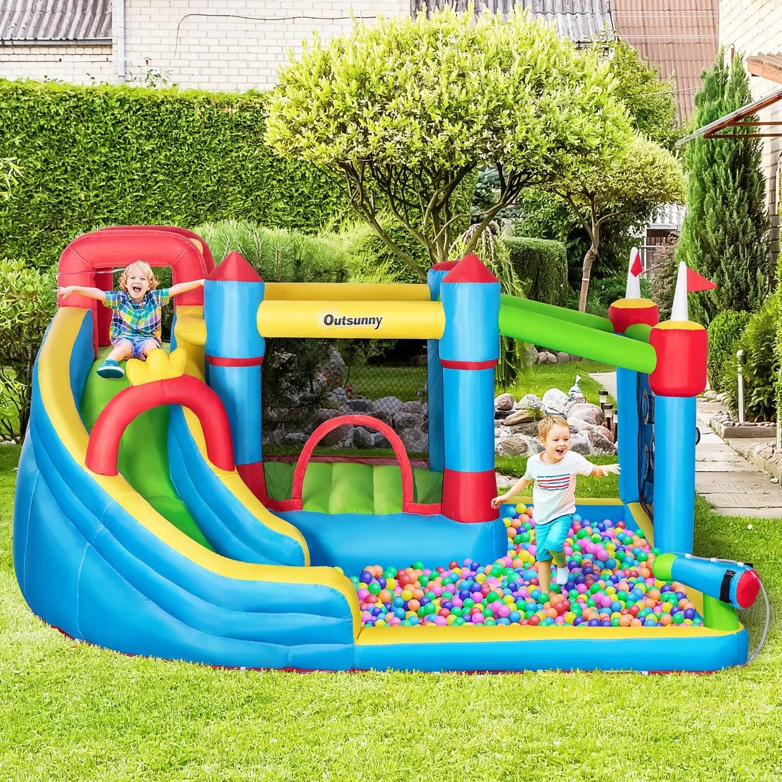 5 - in - 1 Kids Inflatable Bounce Castle with Slide Trampoline Pool & Water Gun - Home and Garden Furniture Shop - rustic - furniture