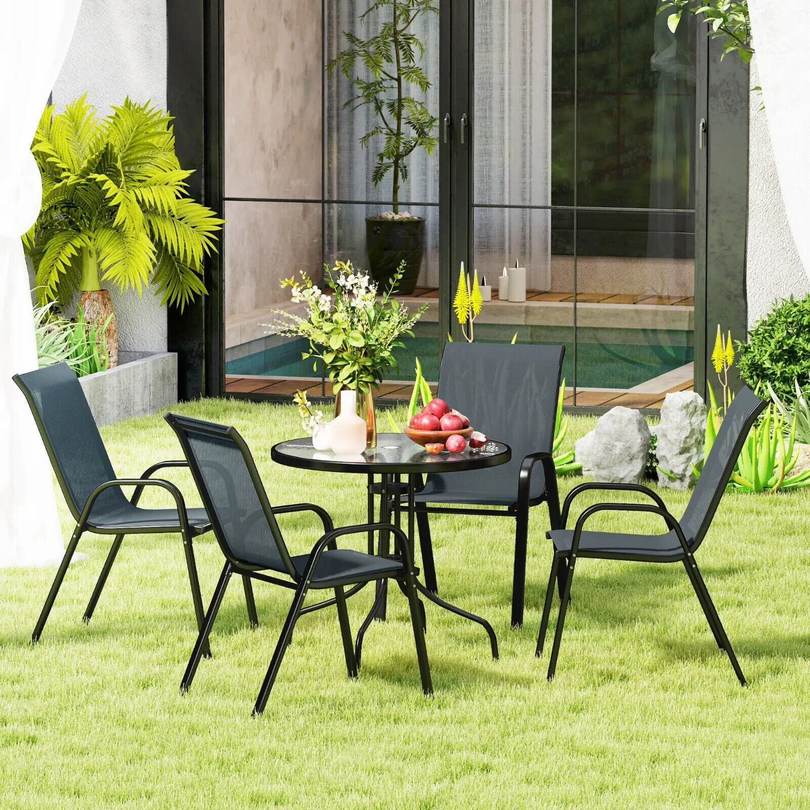 5 Pcs Garden Furniture Set Outdoor Dining Set with Parasol Hole Table Dark Grey - Home and Garden Furniture Shop - #rustic - furniture#