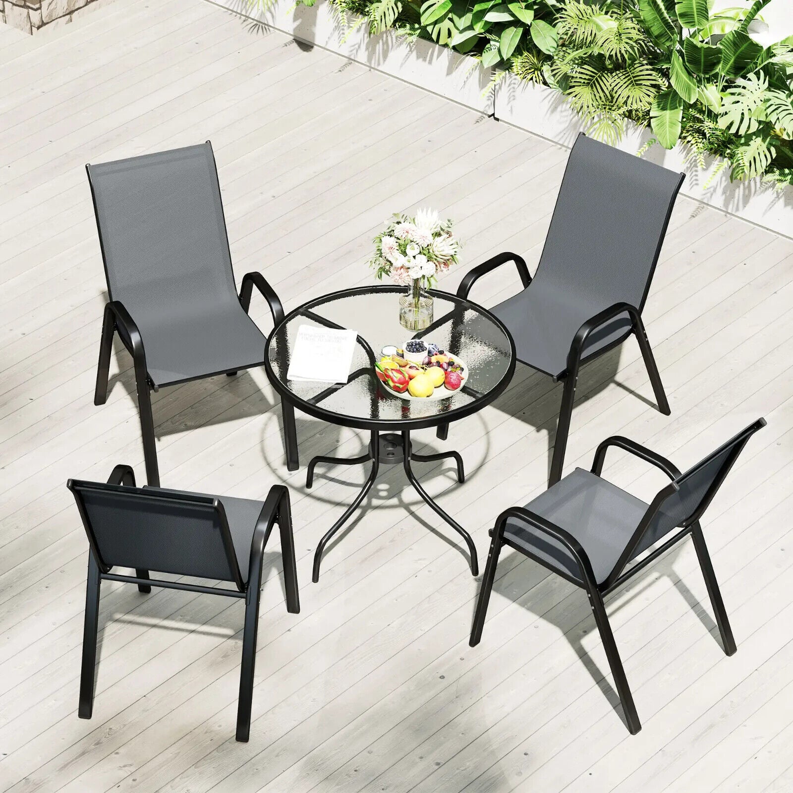 5 Pcs Garden Furniture Set Outdoor Dining Set with Parasol Hole Table Dark Grey - Home and Garden Furniture Shop - #rustic - furniture#