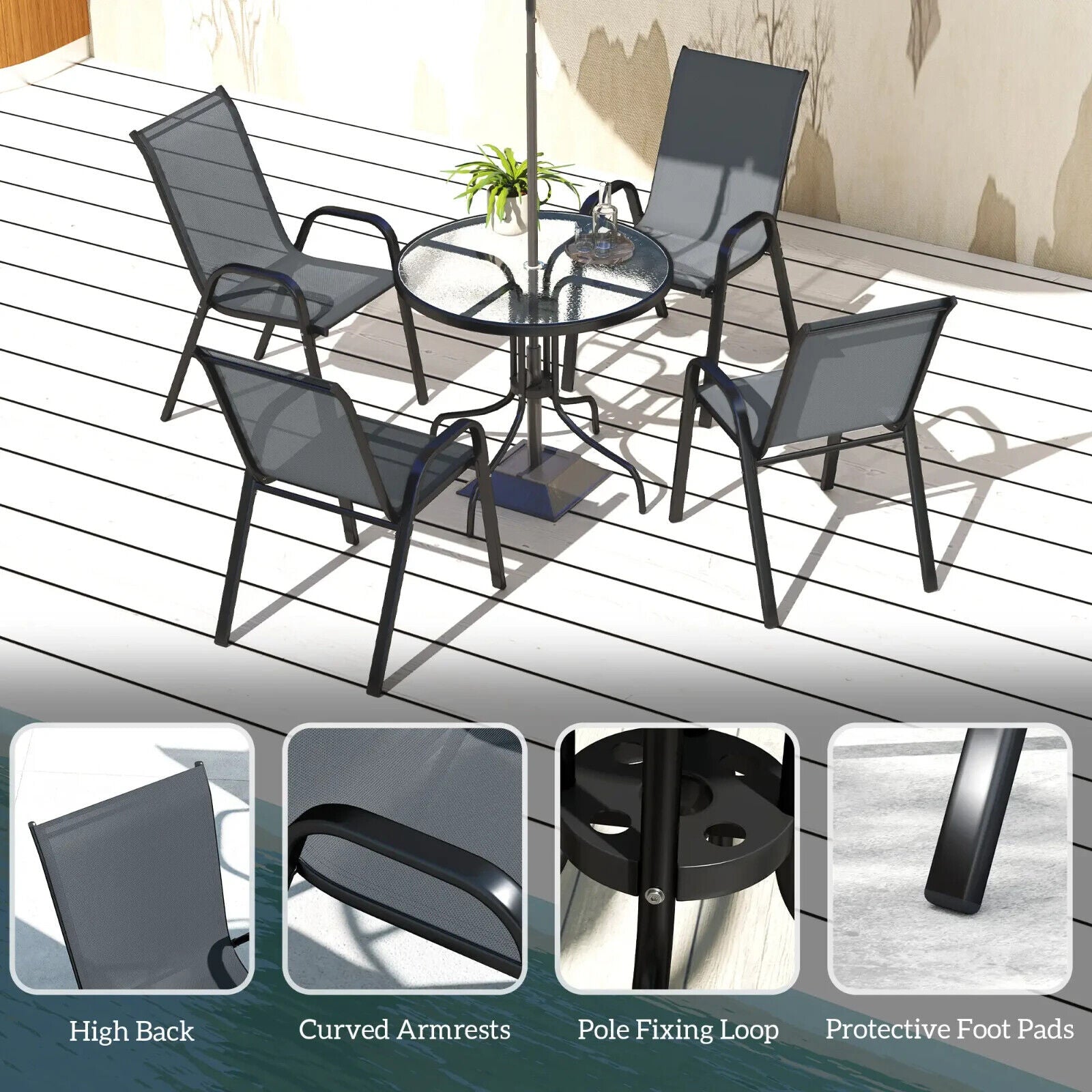 5 Pcs Garden Furniture Set Outdoor Dining Set with Parasol Hole Table Dark Grey - Home and Garden Furniture Shop - #rustic - furniture#