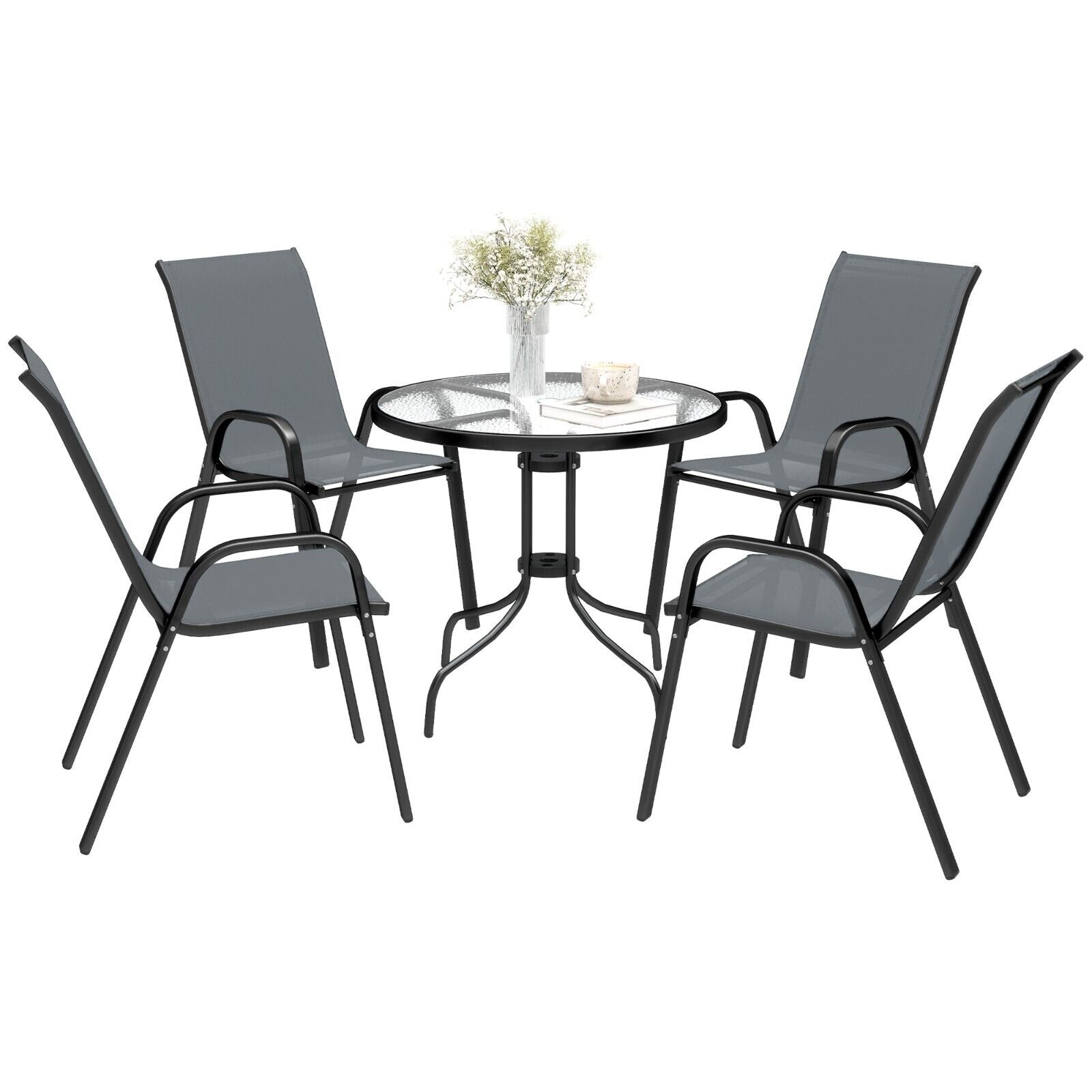 5 Pcs Garden Furniture Set Outdoor Dining Set with Parasol Hole Table Dark Grey - Home and Garden Furniture Shop - #rustic - furniture#