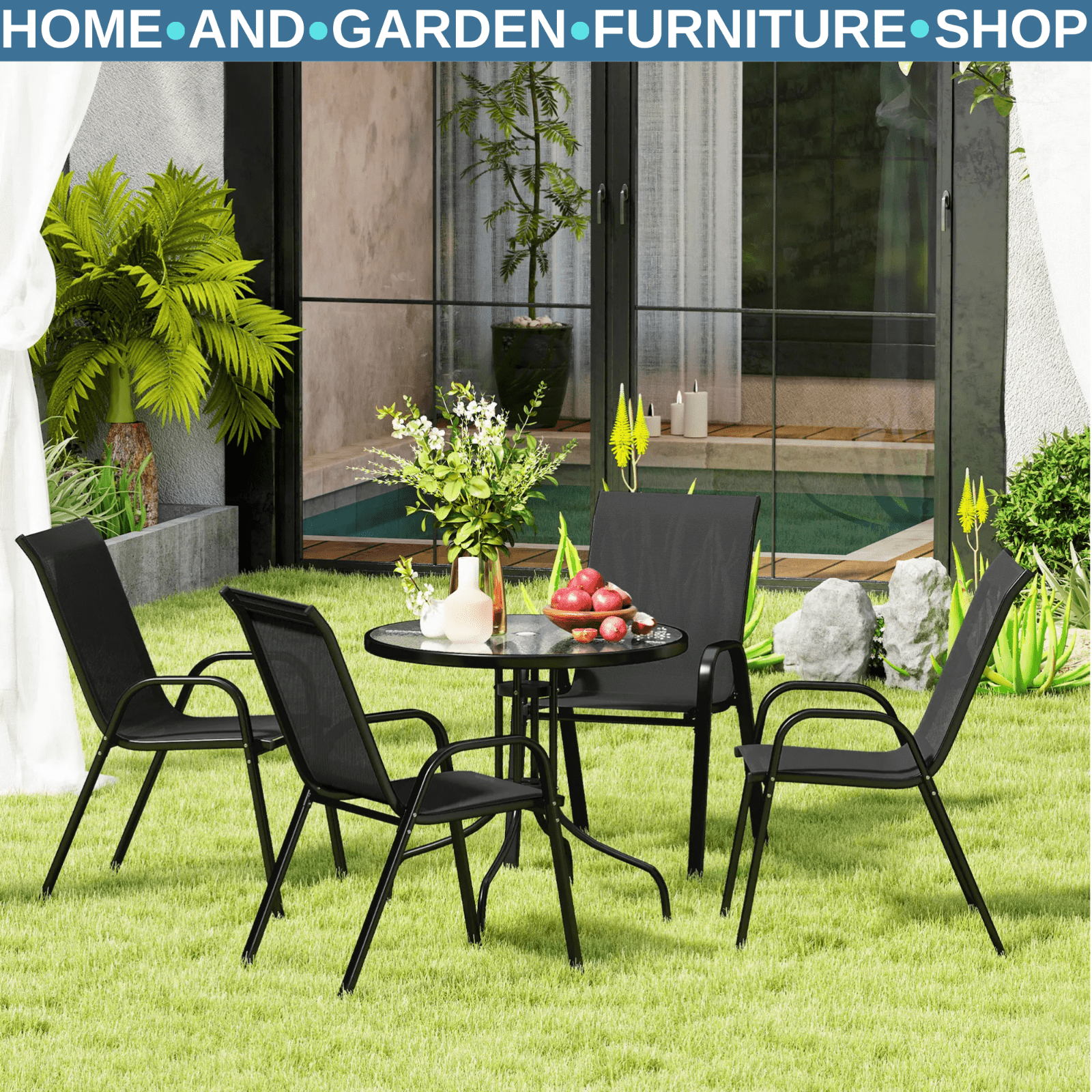 5 Pcs Garden Table and Chairs 4 Seat Furniture Set w/ High Back Stackable Chairs - Home and Garden Furniture Shop - rustic - furniture