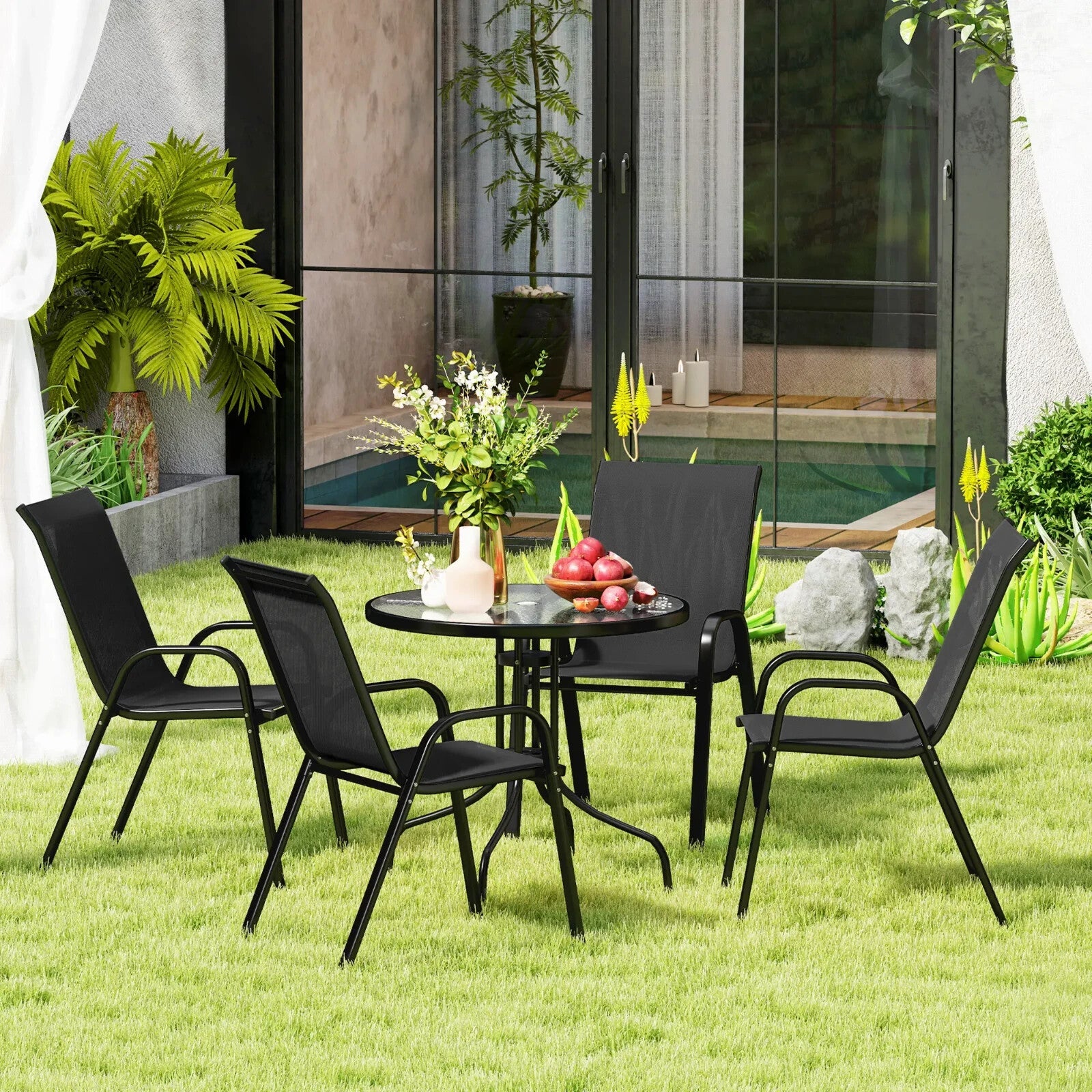 5 Pcs Garden Table and Chairs 4 Seat Furniture Set w/ High Back Stackable Chairs - Home and Garden Furniture Shop - rustic - furniture