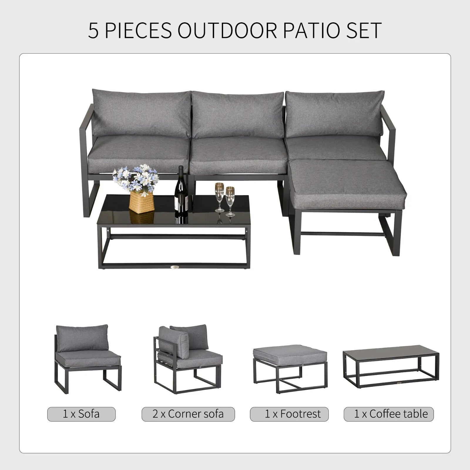5 Pcs Outdoor Patio Furniture Set with Cushions, Glass End Table for Garden Use - Home and Garden Furniture Shop - rustic - furniture
