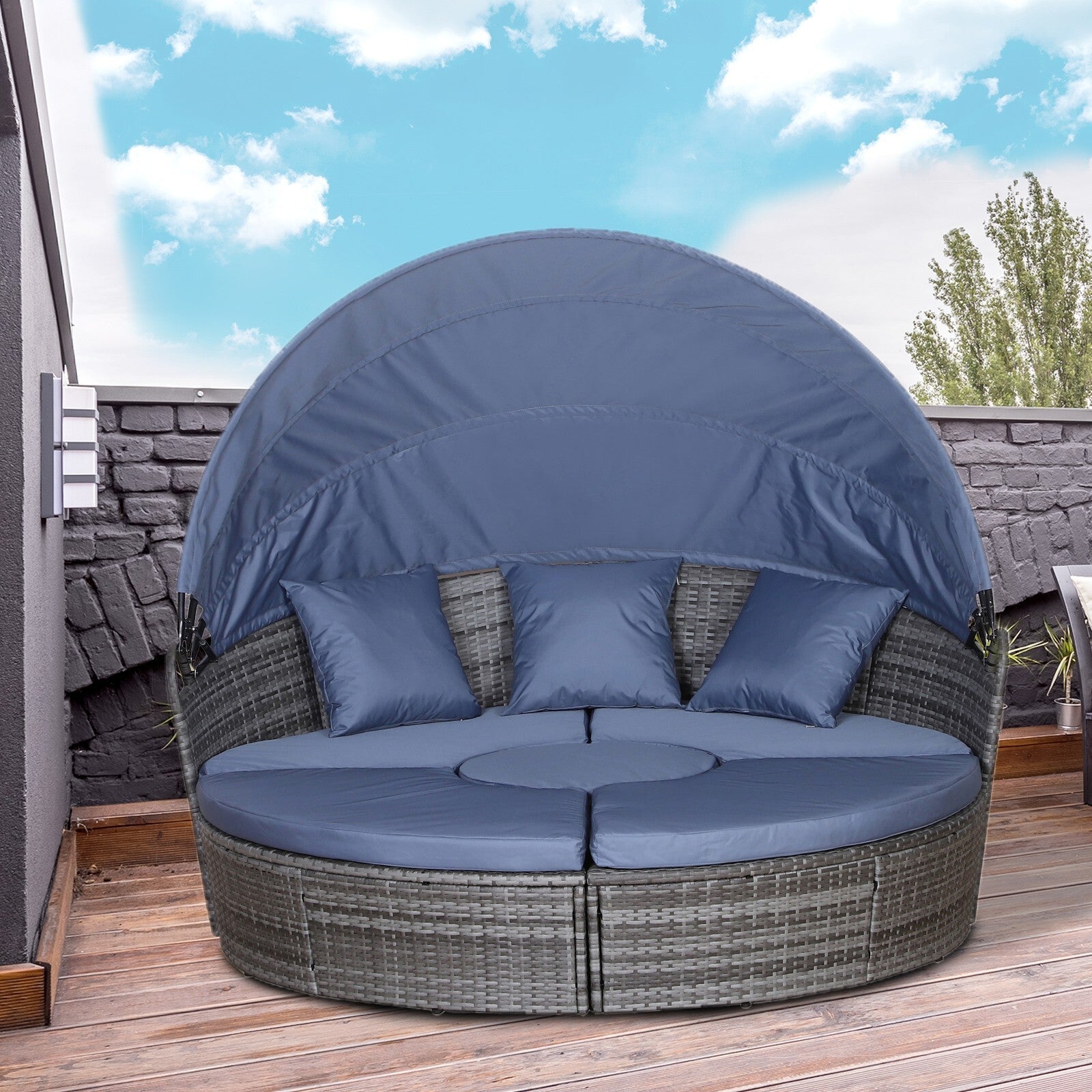 5 Pcs Rattan Conversation Furniture Set Garden Round Sofa Bed with Cushion Grey - Home and Garden Furniture Shop - rustic - furniture
