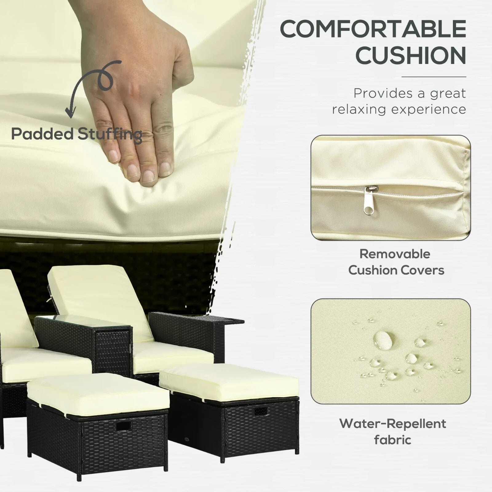 5 - Pcs Rattan Recliner Lounger Set Adjustable Sun Bed + Side Table Outdoor Black - Home and Garden Furniture Shop - rustic - furniture