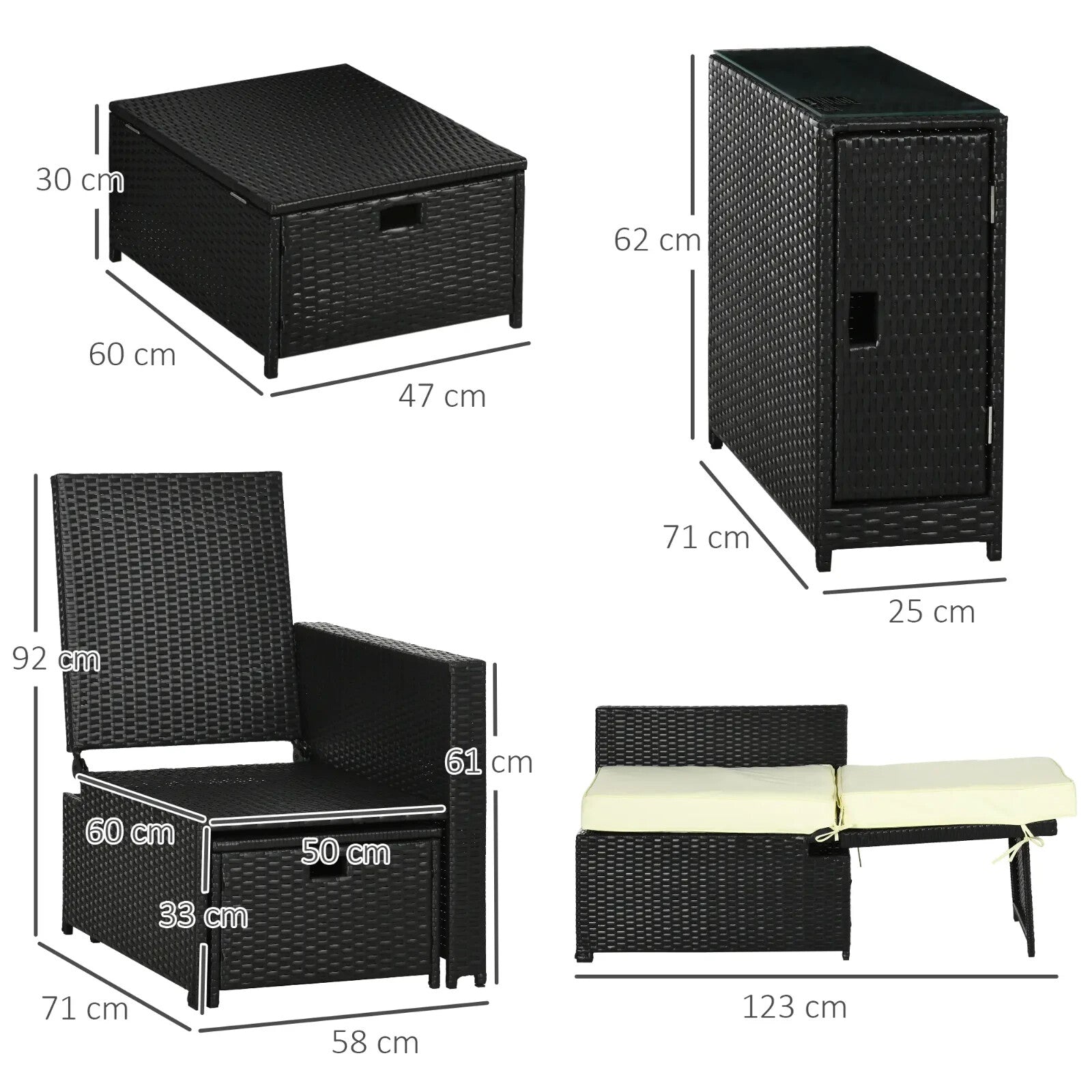 5 - Pcs Rattan Recliner Lounger Set Adjustable Sun Bed + Side Table Outdoor Black - Home and Garden Furniture Shop - rustic - furniture