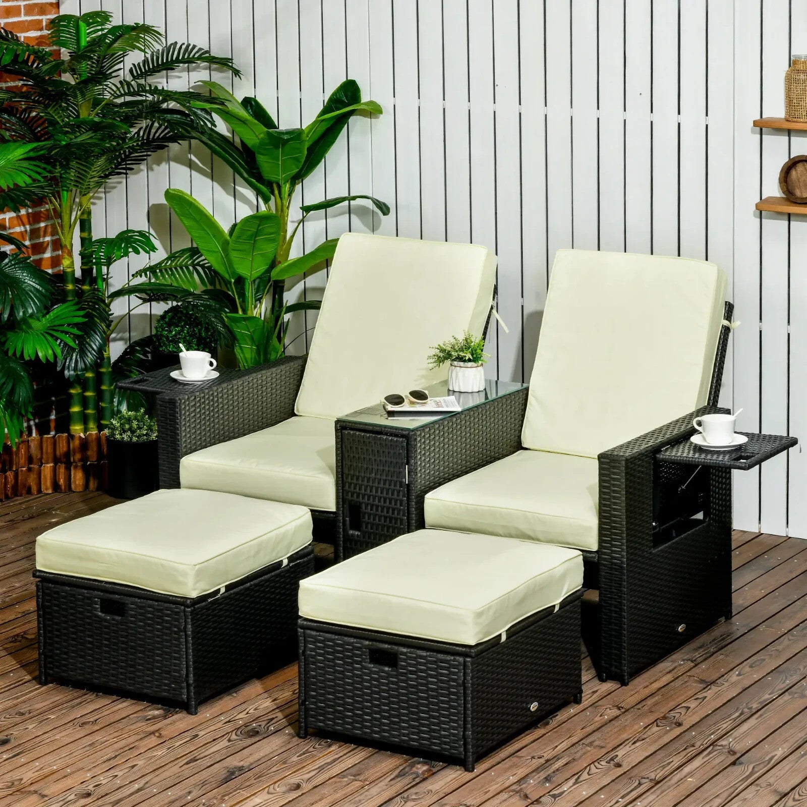 5 - Pcs Rattan Recliner Lounger Set Adjustable Sun Bed + Side Table Outdoor Black - Home and Garden Furniture Shop - rustic - furniture