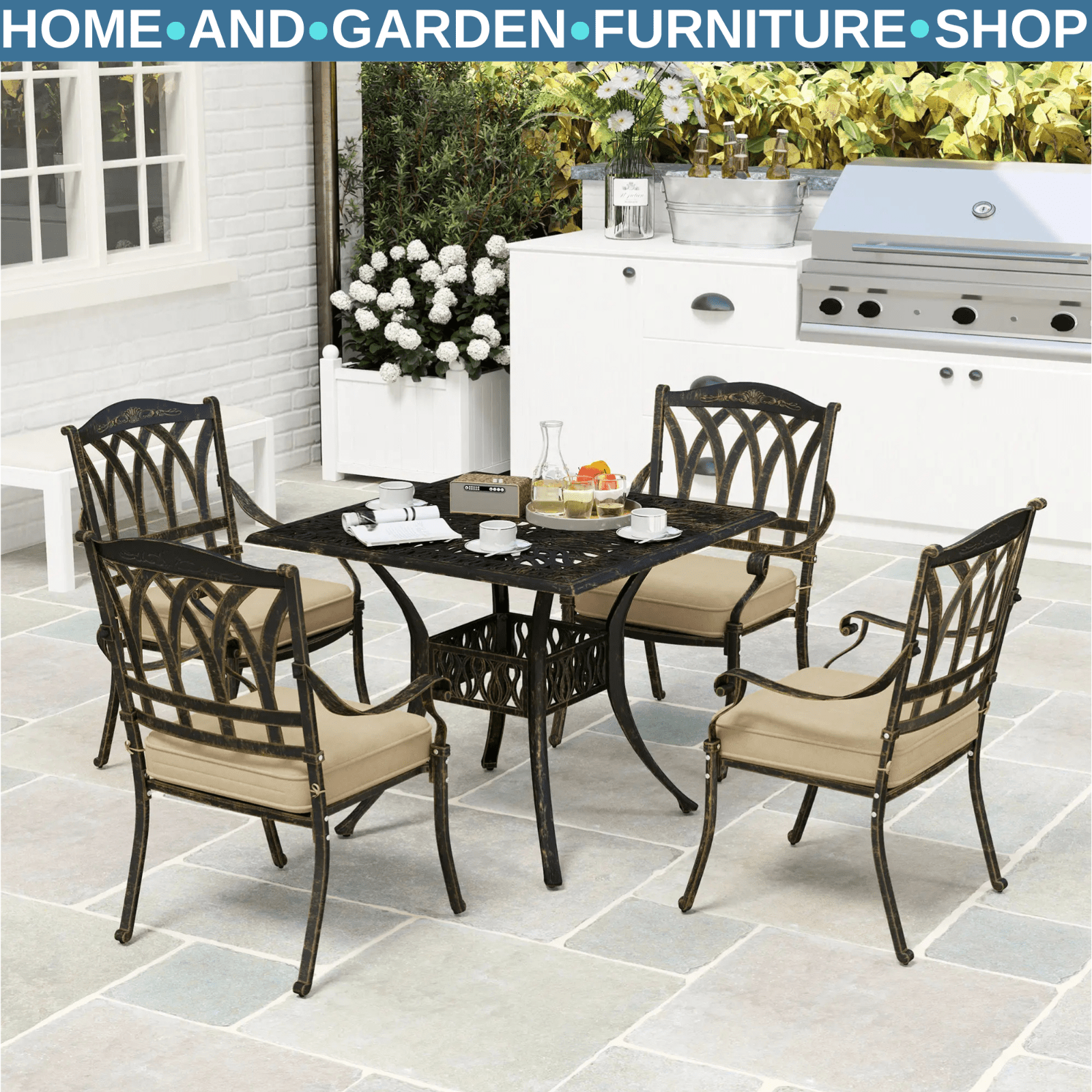 5 Piece Cast Aluminium Garden Dining Set Outdoor Table and Chairs for Patio - Home and Garden Furniture Shop - rustic - furniture