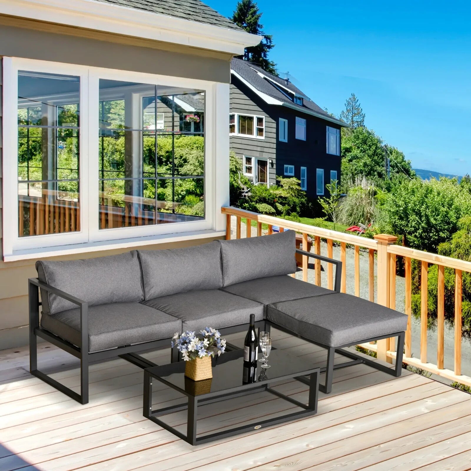 5 Piece Outdoor Patio Furniture Set with Glass End Table and Padded Cushions - Home and Garden Furniture Shop - rustic - furniture