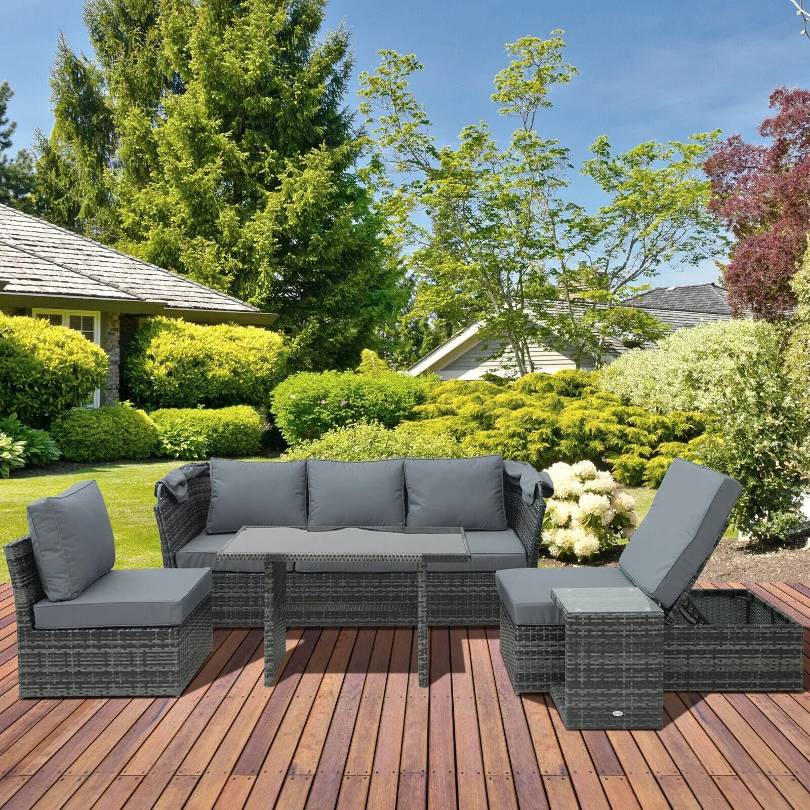5 Piece Outdoor Rattan Sofa Set with Adjustable Reclining Canopy & Dining Table - Home and Garden Furniture Shop - #rustic - furniture#
