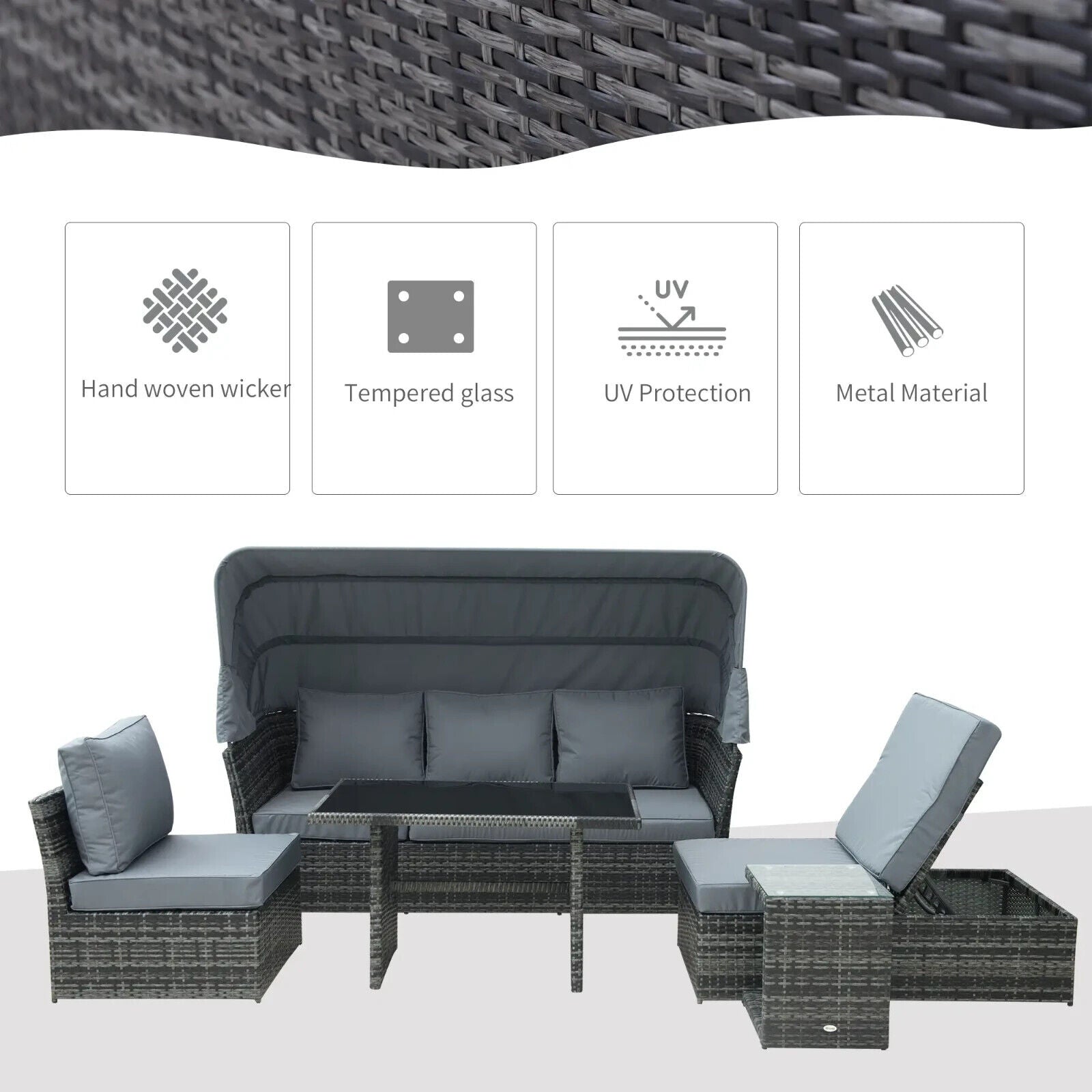 5 Piece Outdoor Rattan Sofa Set with Adjustable Reclining Canopy & Dining Table - Home and Garden Furniture Shop - #rustic - furniture#