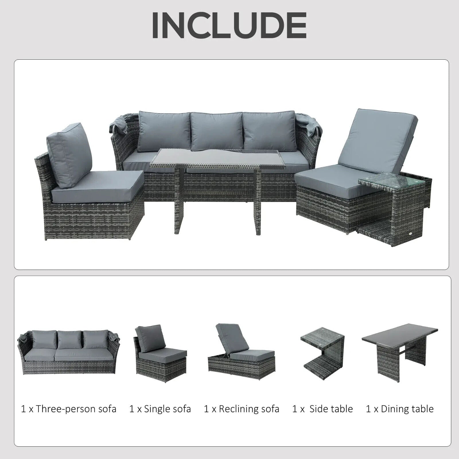 5 Piece Outdoor Rattan Sofa Set with Adjustable Reclining Canopy & Dining Table - Home and Garden Furniture Shop - #rustic - furniture#