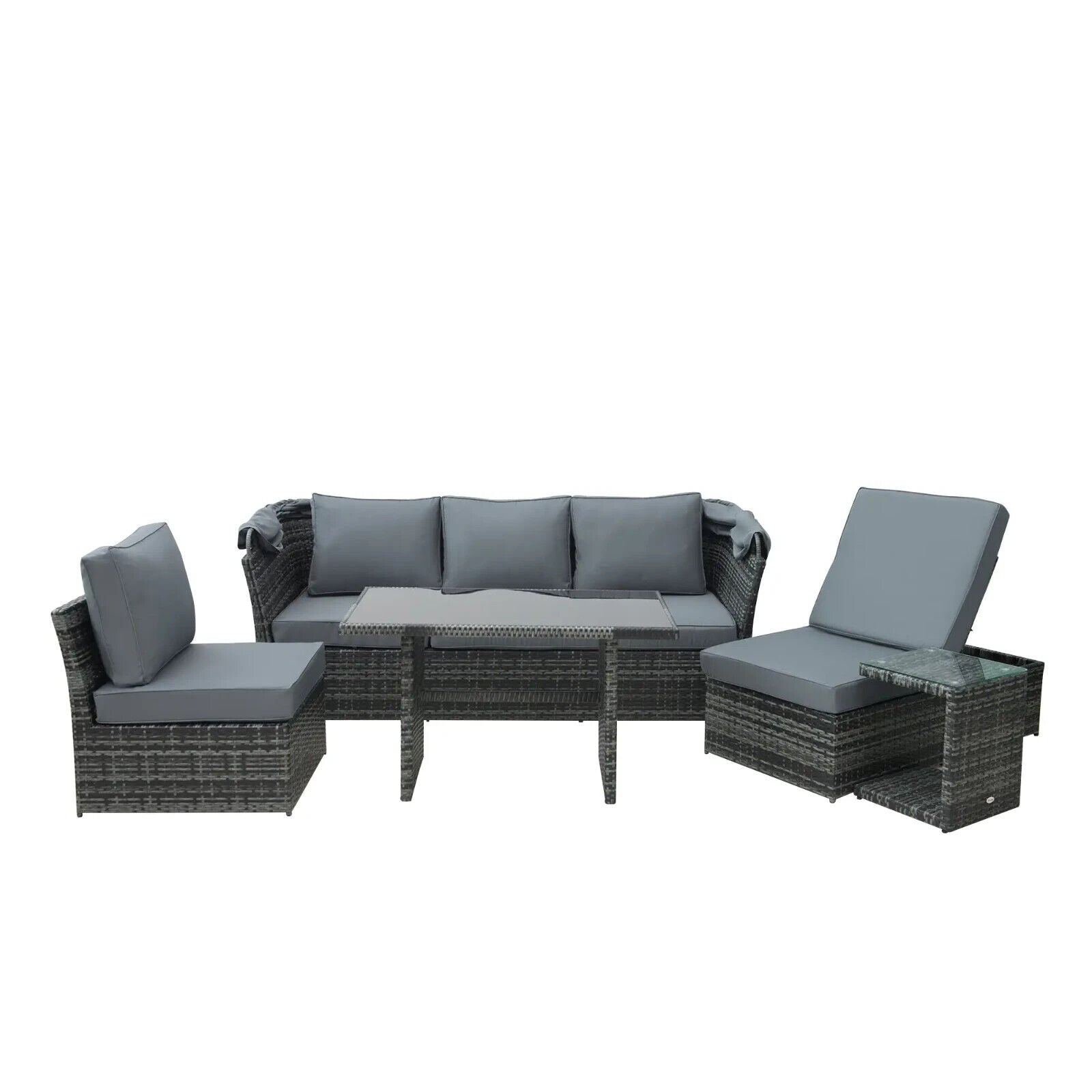 5 Piece Outdoor Rattan Sofa Set with Adjustable Reclining Canopy & Dining Table - Home and Garden Furniture Shop - #rustic - furniture#