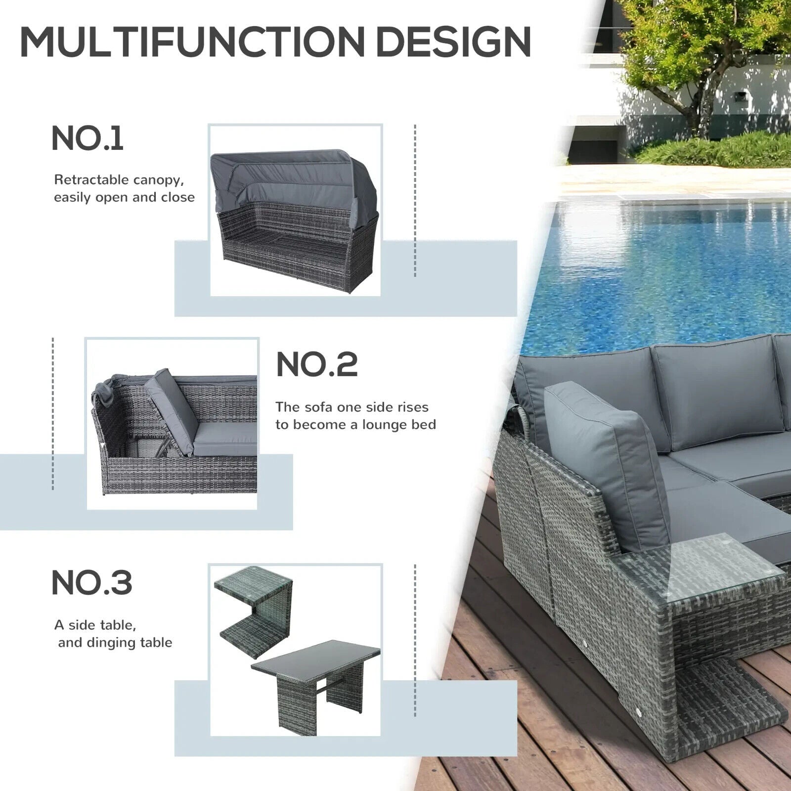 5 Piece Outdoor Rattan Sofa Set with Adjustable Reclining Canopy & Dining Table - Home and Garden Furniture Shop - #rustic - furniture#