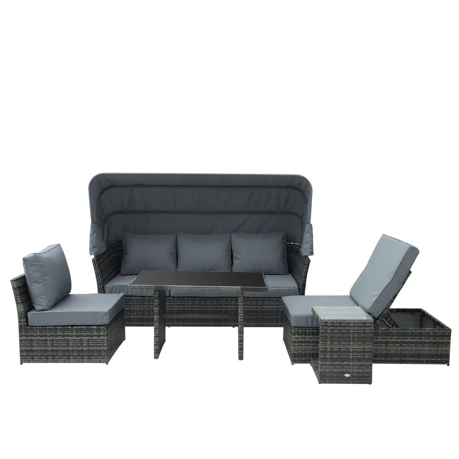 5 Piece Outdoor Rattan Sofa Set with Adjustable Reclining Canopy & Dining Table - Home and Garden Furniture Shop - #rustic - furniture#