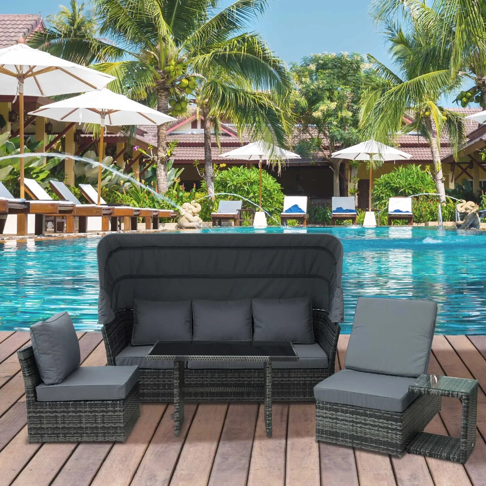 5 Piece Outdoor Rattan Sofa Set with Adjustable Reclining Canopy & Dining Table - Home and Garden Furniture Shop - #rustic - furniture#