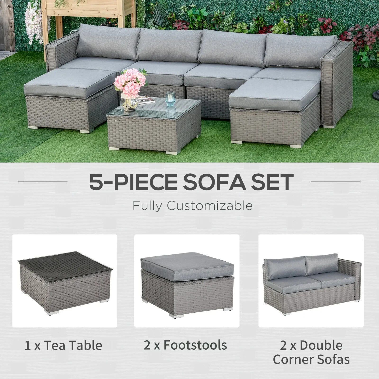 5 Piece PE Rattan Corner Sofa Set with Cushion for Garden Outdoor Furniture Grey - Home and Garden Furniture Shop - rustic - furniture