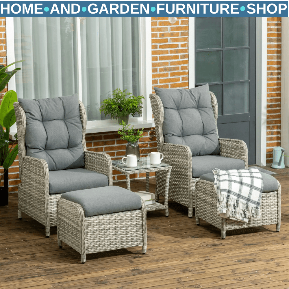 5 Piece Rattan Bistro Set Outdoor Recliner Sofa with Glass Top Table Grey - Home and Garden Furniture Shop - #rustic - furniture#