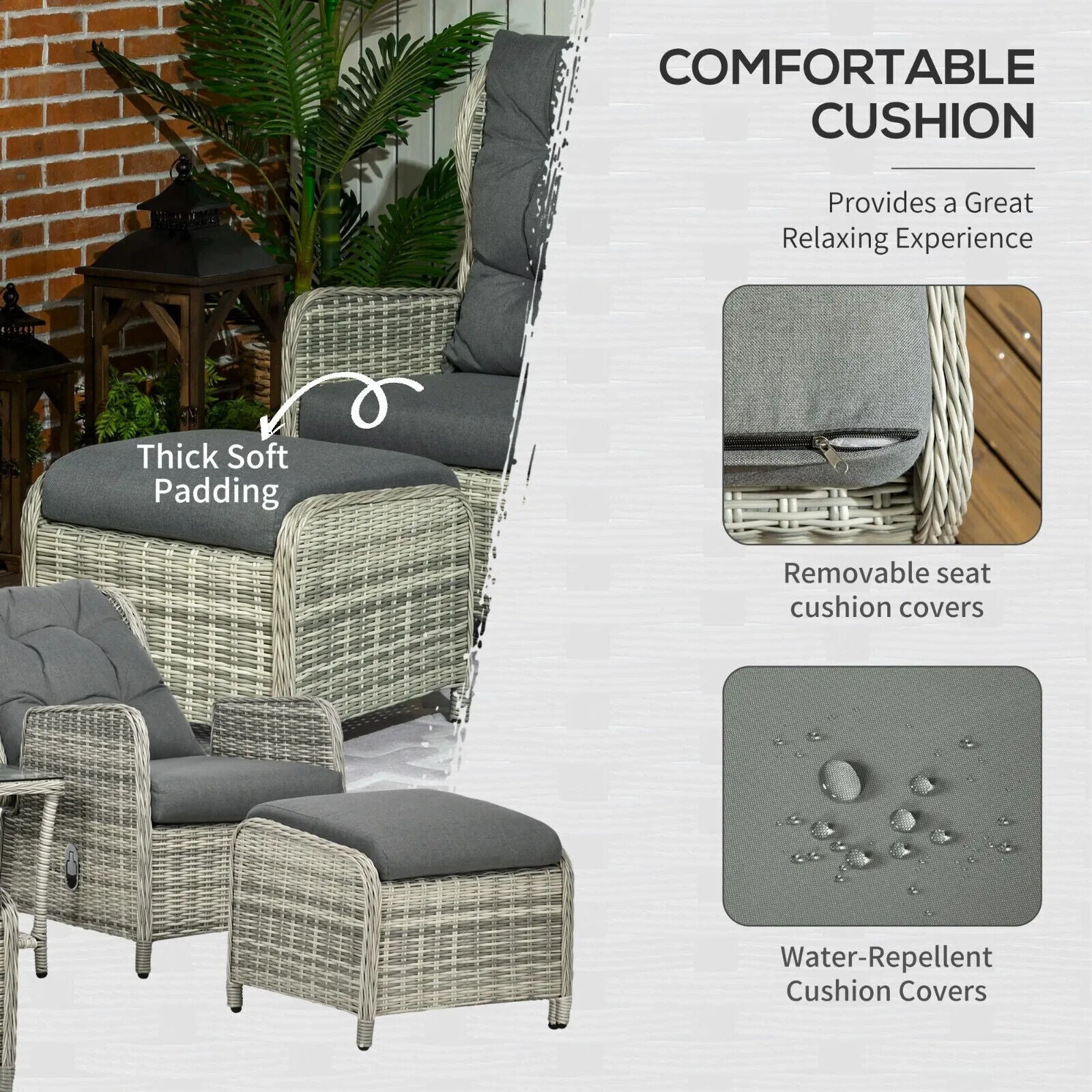 5 Piece Rattan Bistro Set Outdoor Recliner Sofa with Glass Top Table Grey - Home and Garden Furniture Shop - #rustic - furniture#