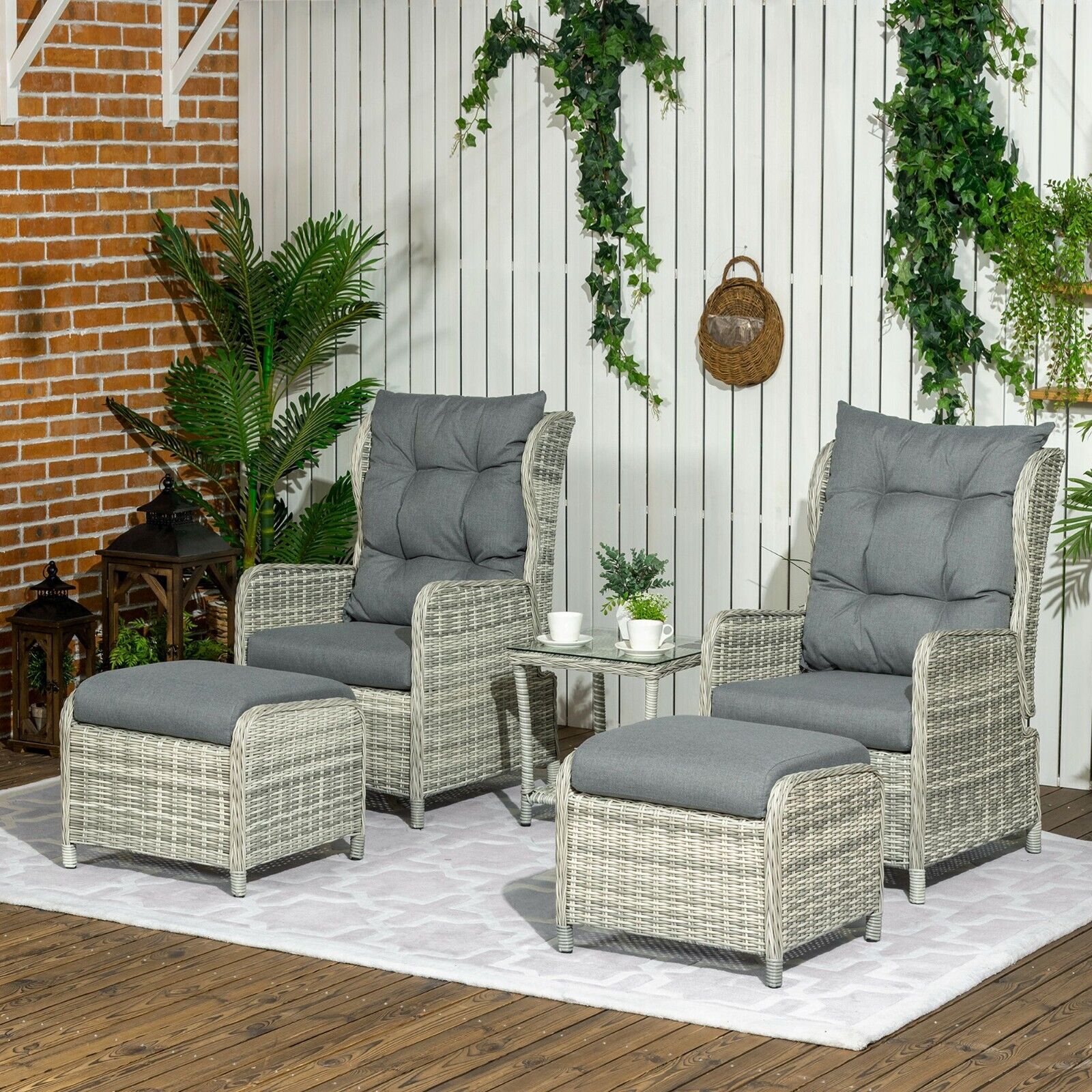 5 Piece Rattan Bistro Set Outdoor Recliner Sofa with Glass Top Table Grey - Home and Garden Furniture Shop - #rustic - furniture#