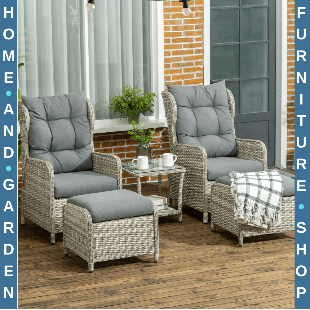 5 Piece Rattan Bistro Set Outdoor Recliner Sofa with Glass Top Table Grey - Home and Garden Furniture Shop - #rustic - furniture#