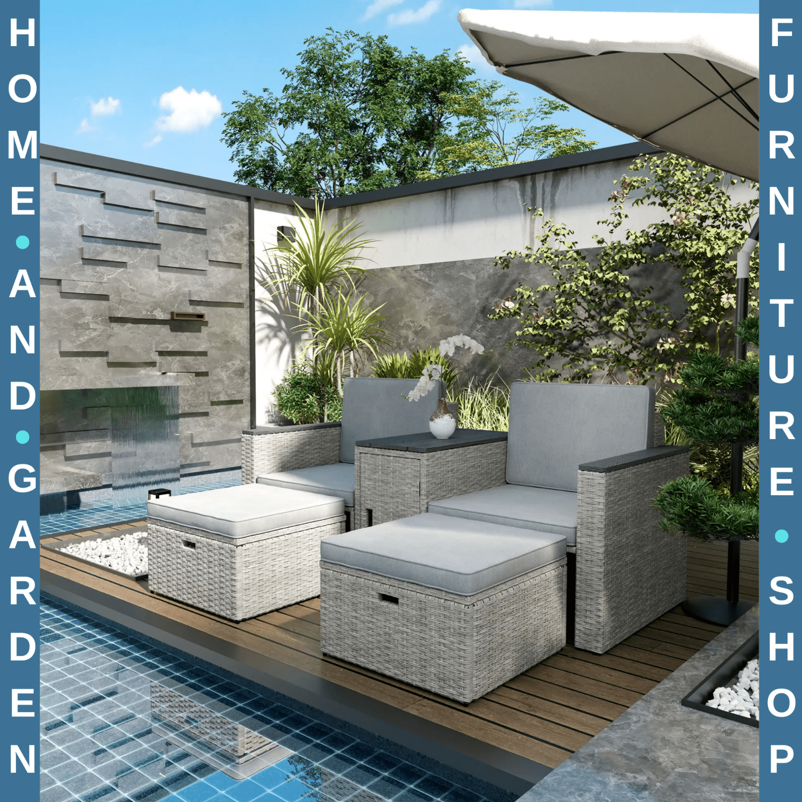 5 Piece Rattan Garden Furniture Conversation Set w/ Footstools and Storage Table - Home and Garden Furniture Shop - rustic - furniture