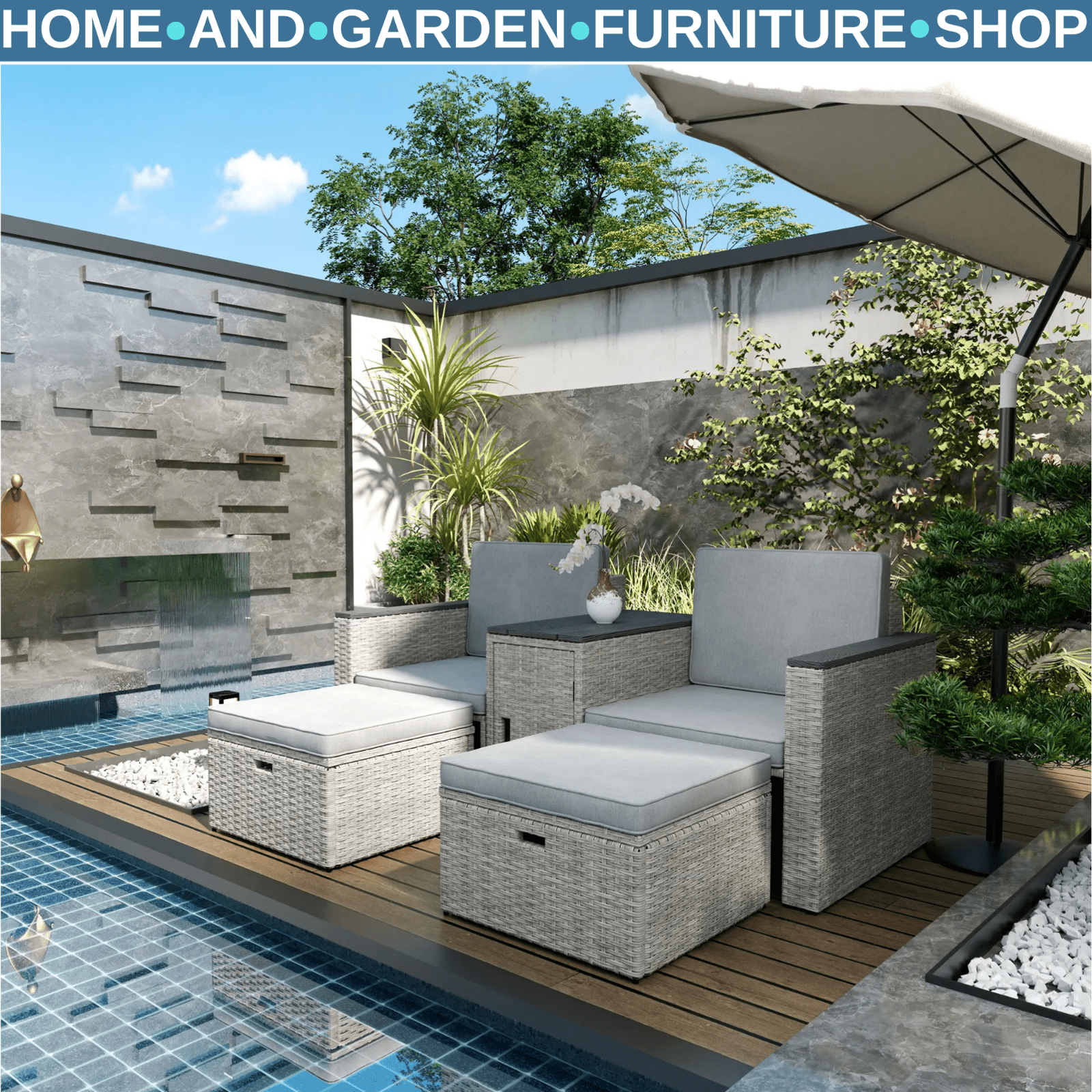 5 Piece Rattan Garden Furniture Conversation Set w/ Footstools and Storage Table - Home and Garden Furniture Shop - rustic - furniture