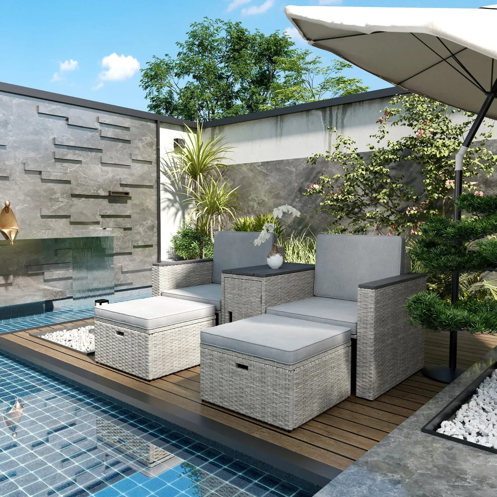 5 Piece Rattan Garden Furniture Conversation Set w/ Footstools and Storage Table - Home and Garden Furniture Shop - rustic - furniture