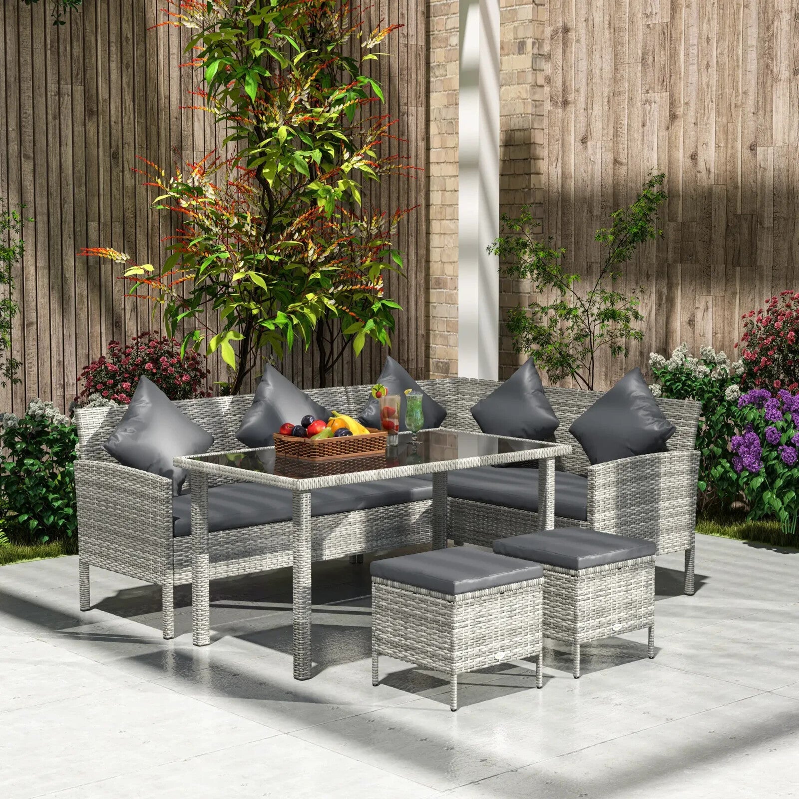 5 Piece Rattan Garden Furniture Set 6 Seater Corner Sofa Outdoor Dining Grey - Home and Garden Furniture Shop - rustic - furniture