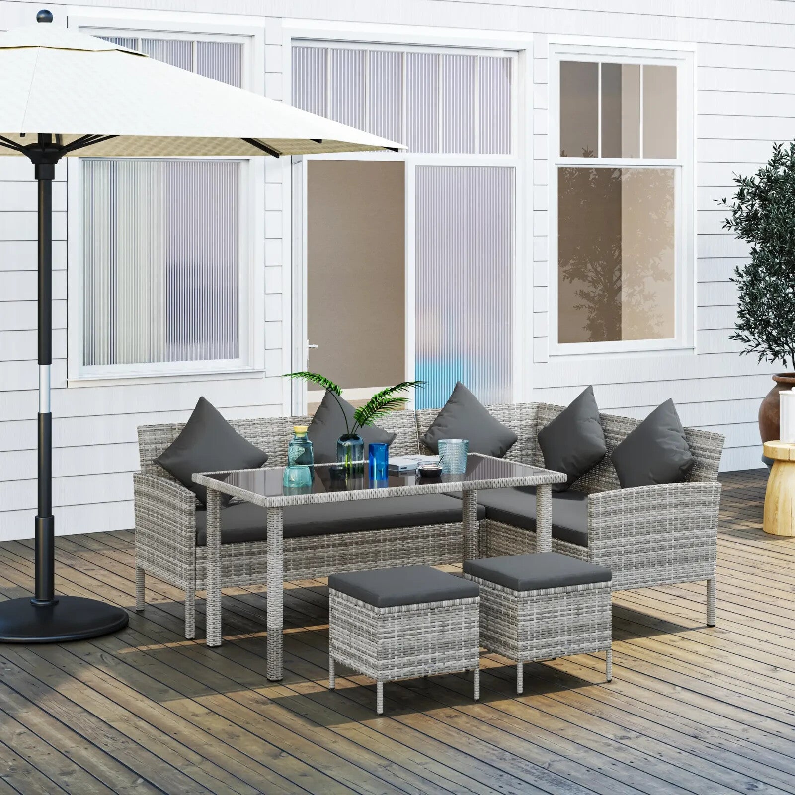 5 Piece Rattan Garden Furniture Set 6 Seater Corner Sofa Outdoor Dining Grey - Home and Garden Furniture Shop - rustic - furniture