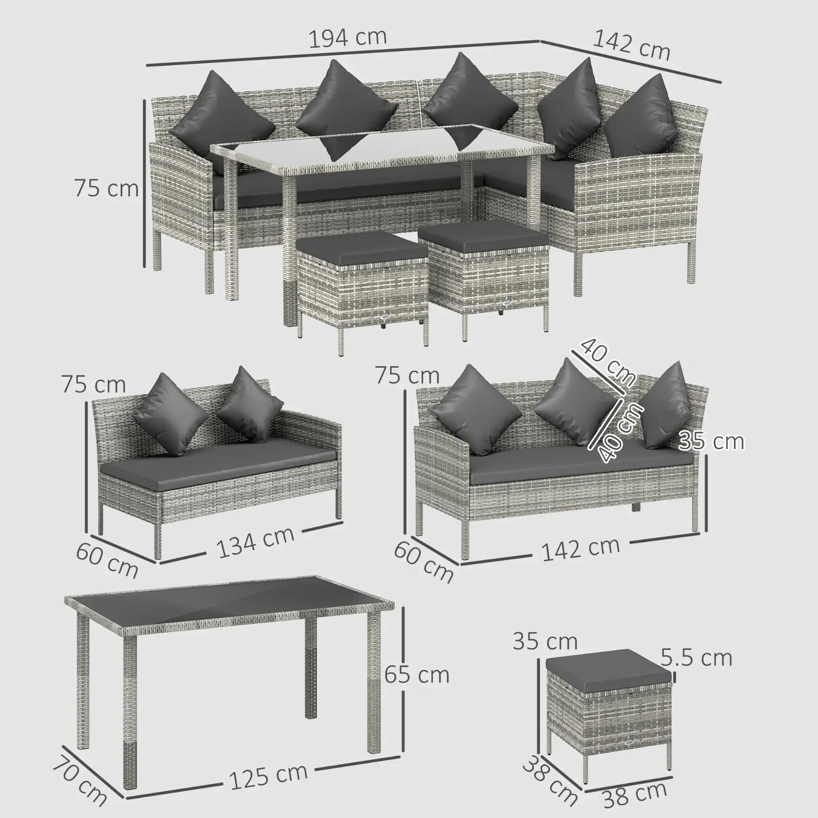 5 Piece Rattan Garden Furniture Set 6 Seater Corner Sofa Outdoor Dining Grey - Home and Garden Furniture Shop - rustic - furniture