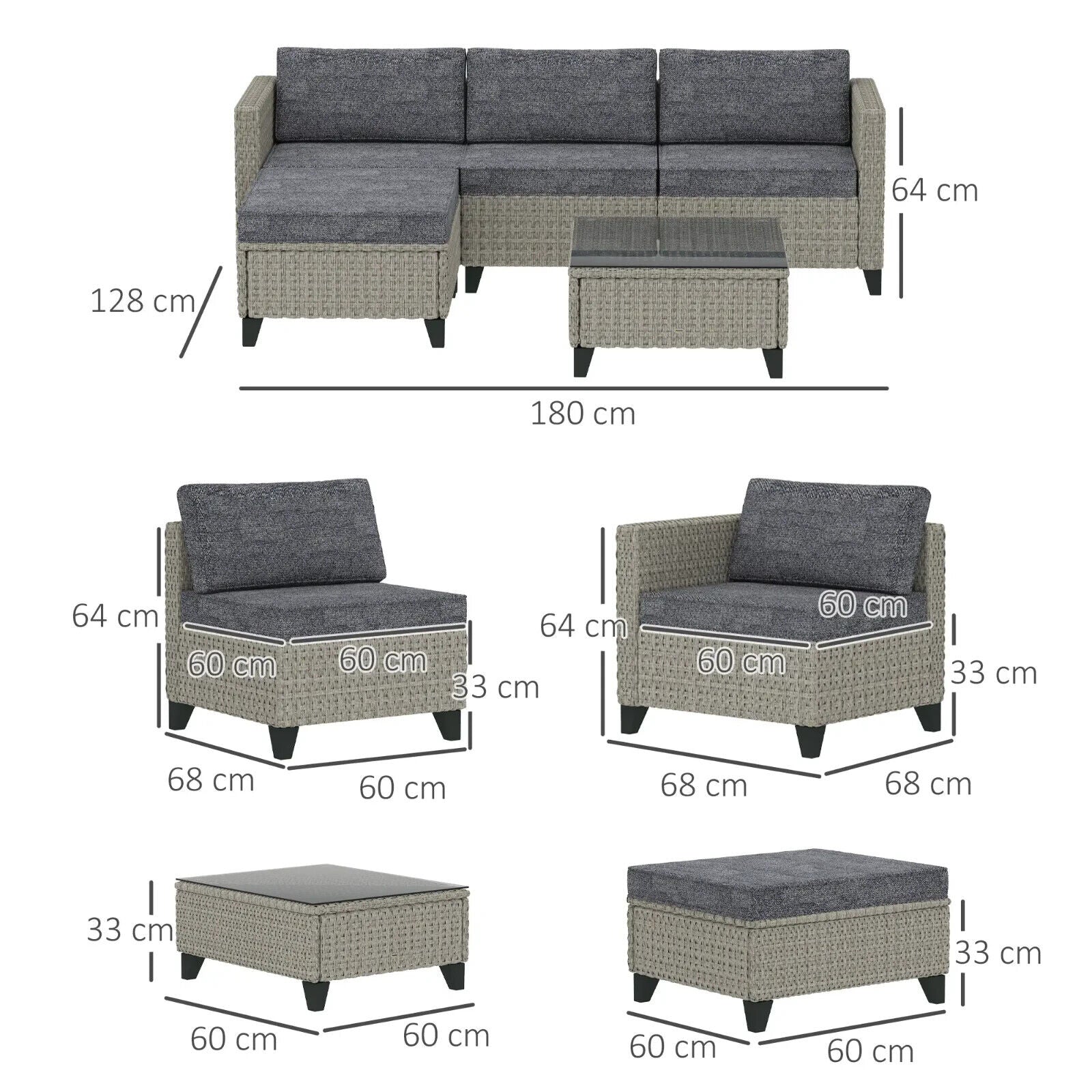 5 Piece Rattan Patio Furniture Set with Corner Sofa Footstools & Table Dark Grey - Home and Garden Furniture Shop - #rustic - furniture#