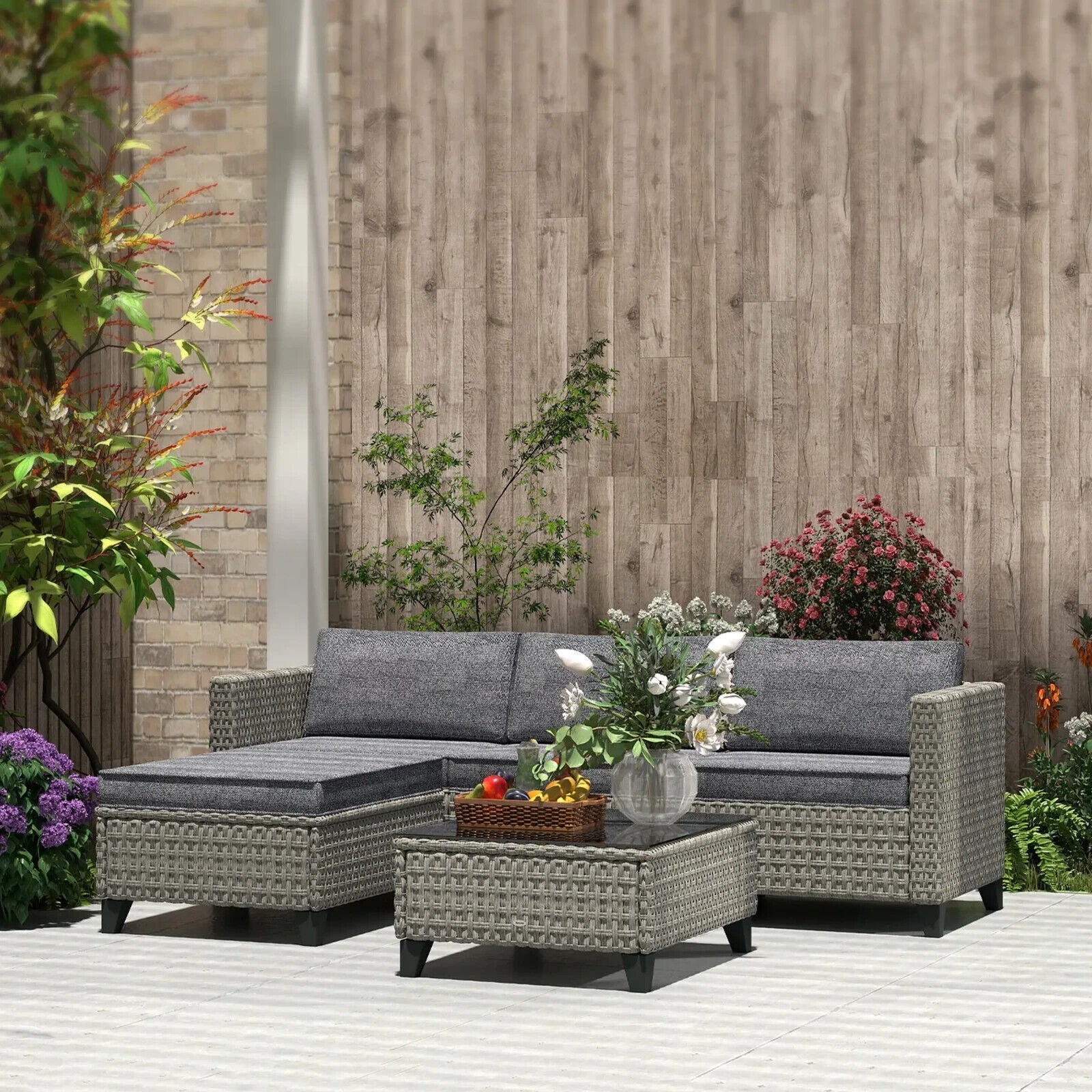 5 Piece Rattan Patio Furniture Set with Corner Sofa Footstools & Table Dark Grey - Home and Garden Furniture Shop - #rustic - furniture#