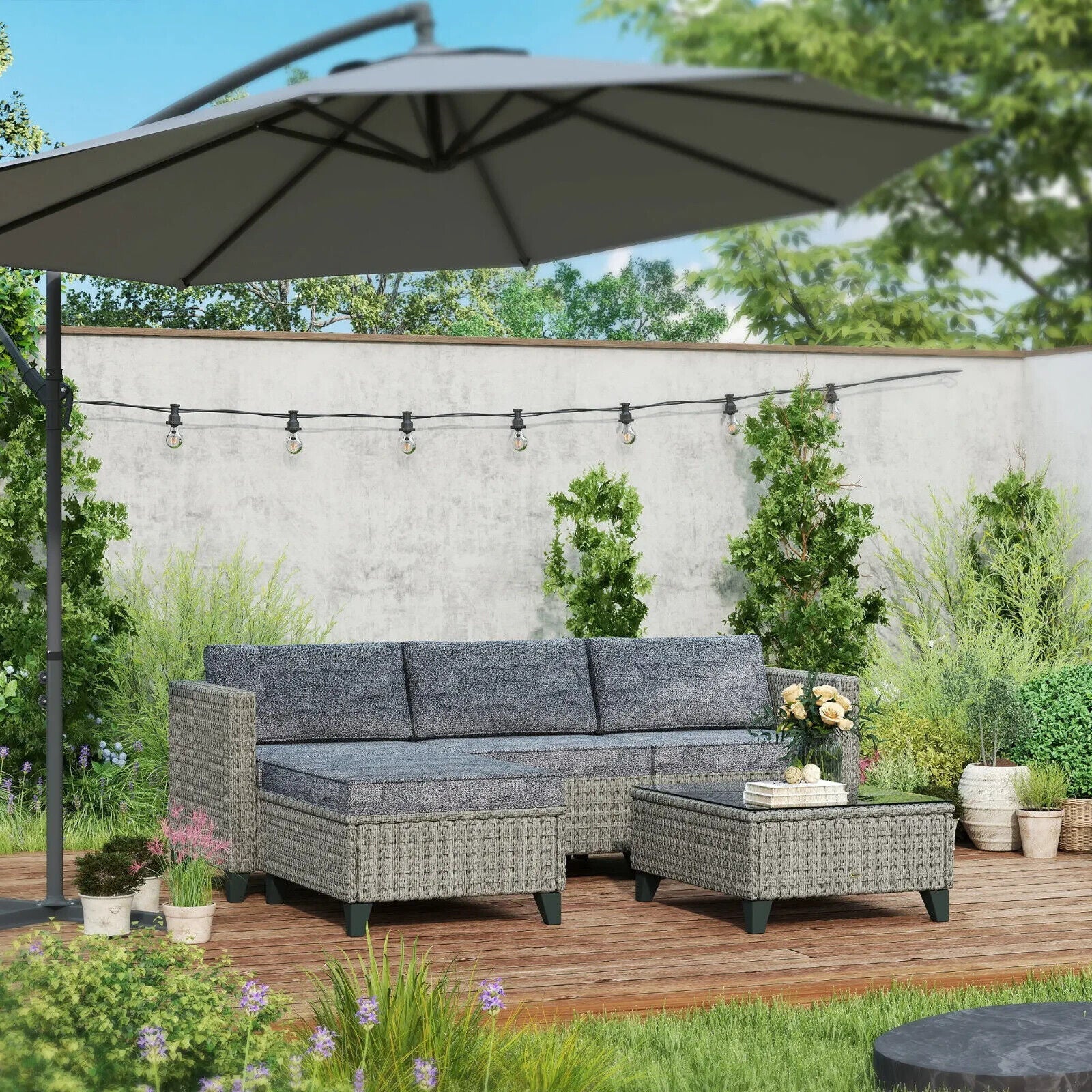 5 Piece Rattan Patio Furniture Set with Corner Sofa Footstools & Table Dark Grey - Home and Garden Furniture Shop - #rustic - furniture#
