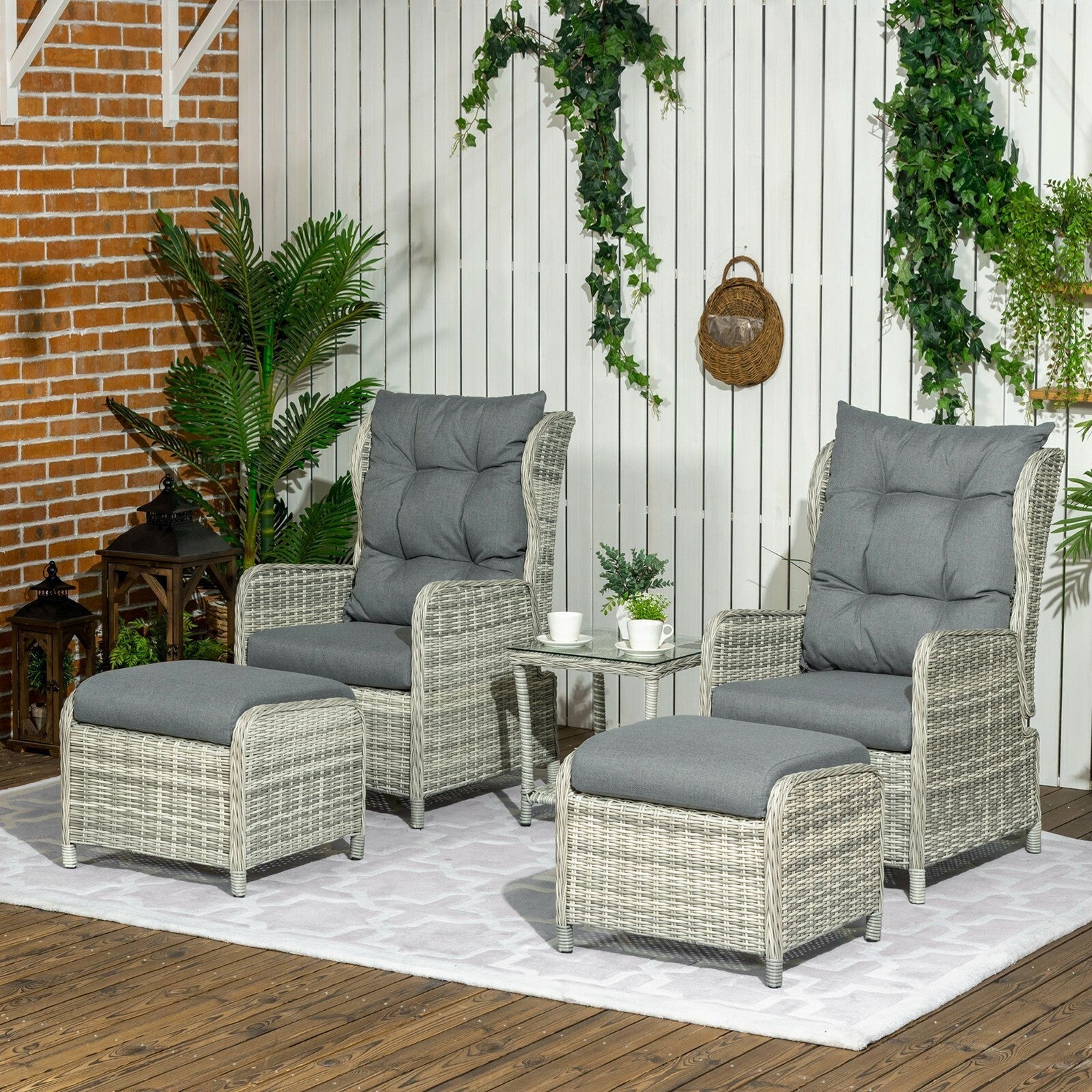 5 Pieces Reclining Rattan Garden Furniture Set with Two - Tier Table & Footstools - Home and Garden Furniture Shop - rustic - furniture