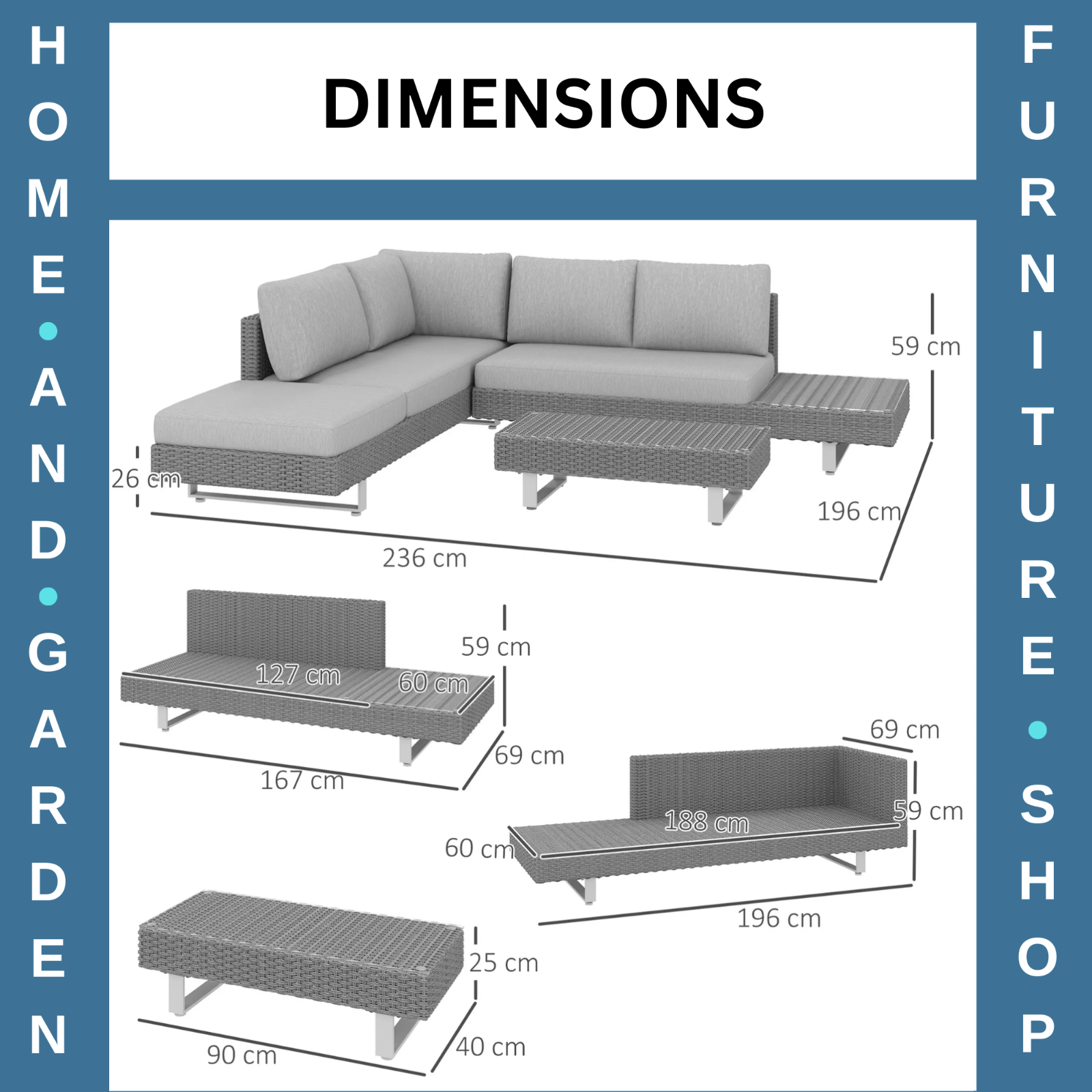 5 Seater Rattan Sofa Set Patio Furniture with Cushions and Tea Table Light Grey - Home and Garden Furniture Shop - rustic - furniture