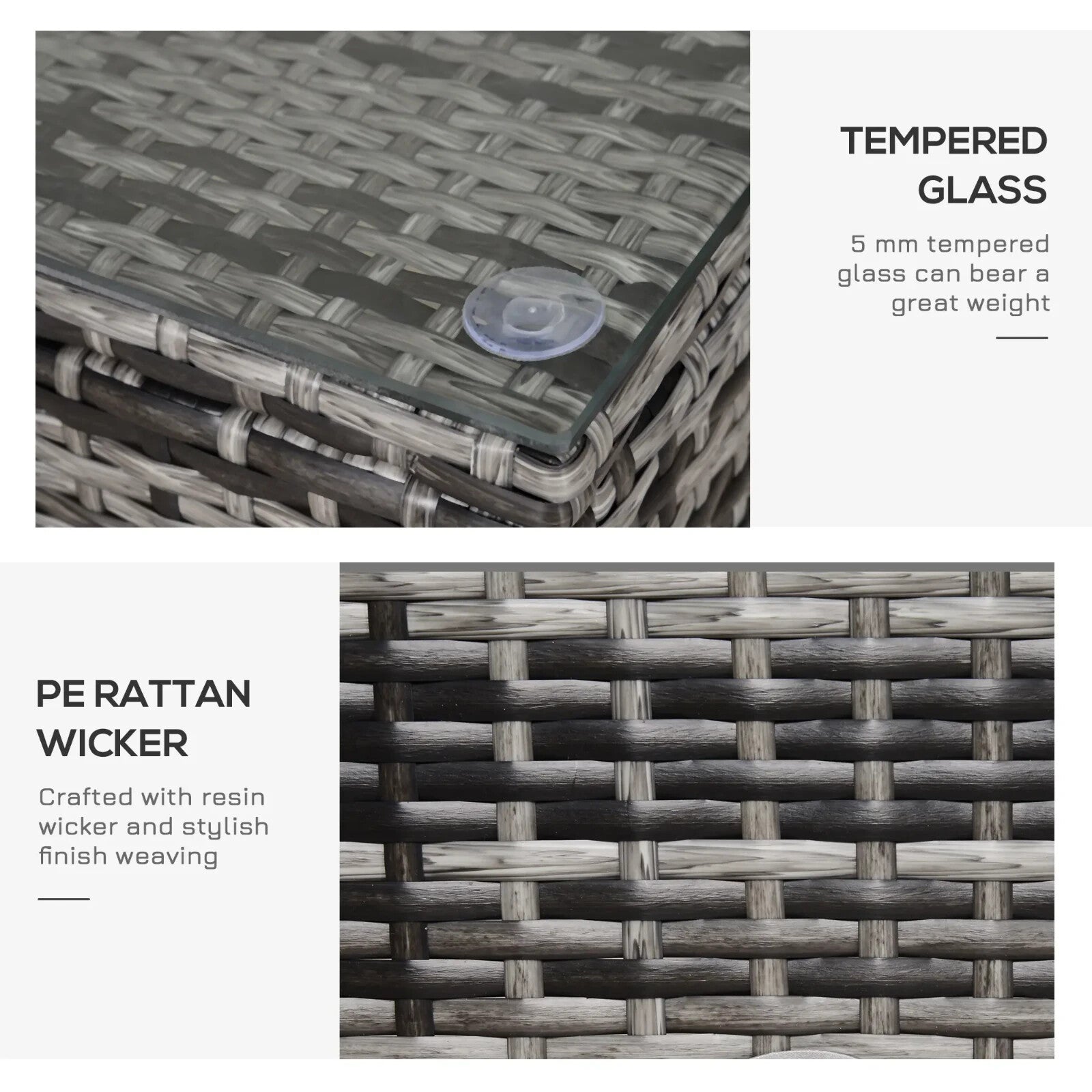 Rattan Garden Coffee Table with Tempered Glass Top Outdoor Patio Furniture Grey