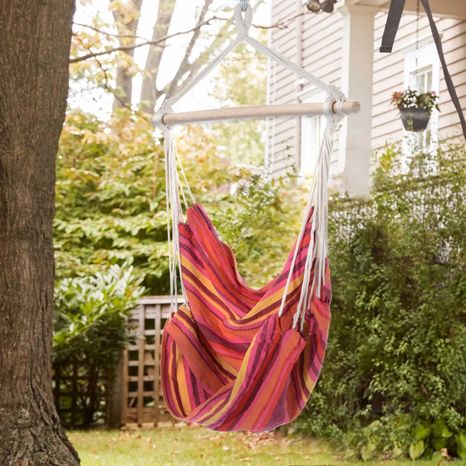 Hammock Hanging Chair Portable Rectangular with Support Bar & Rope Red Striped