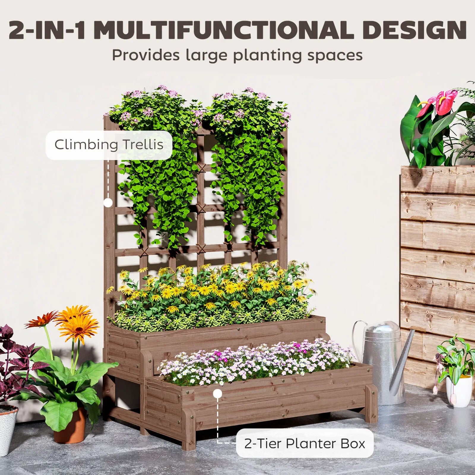 2 Tier Raised Wooden Garden Planter Box with Trellis & Drainage Hole Outdoor Bed