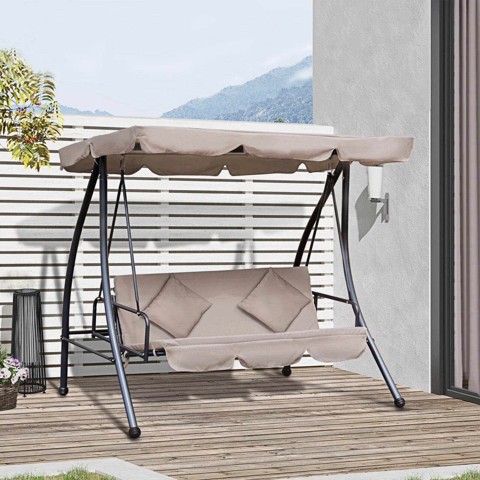 2-in-1 Hammock Swing Chair 3-Seater Powder Coated w/ Cushion & Tilt Canopy Beige