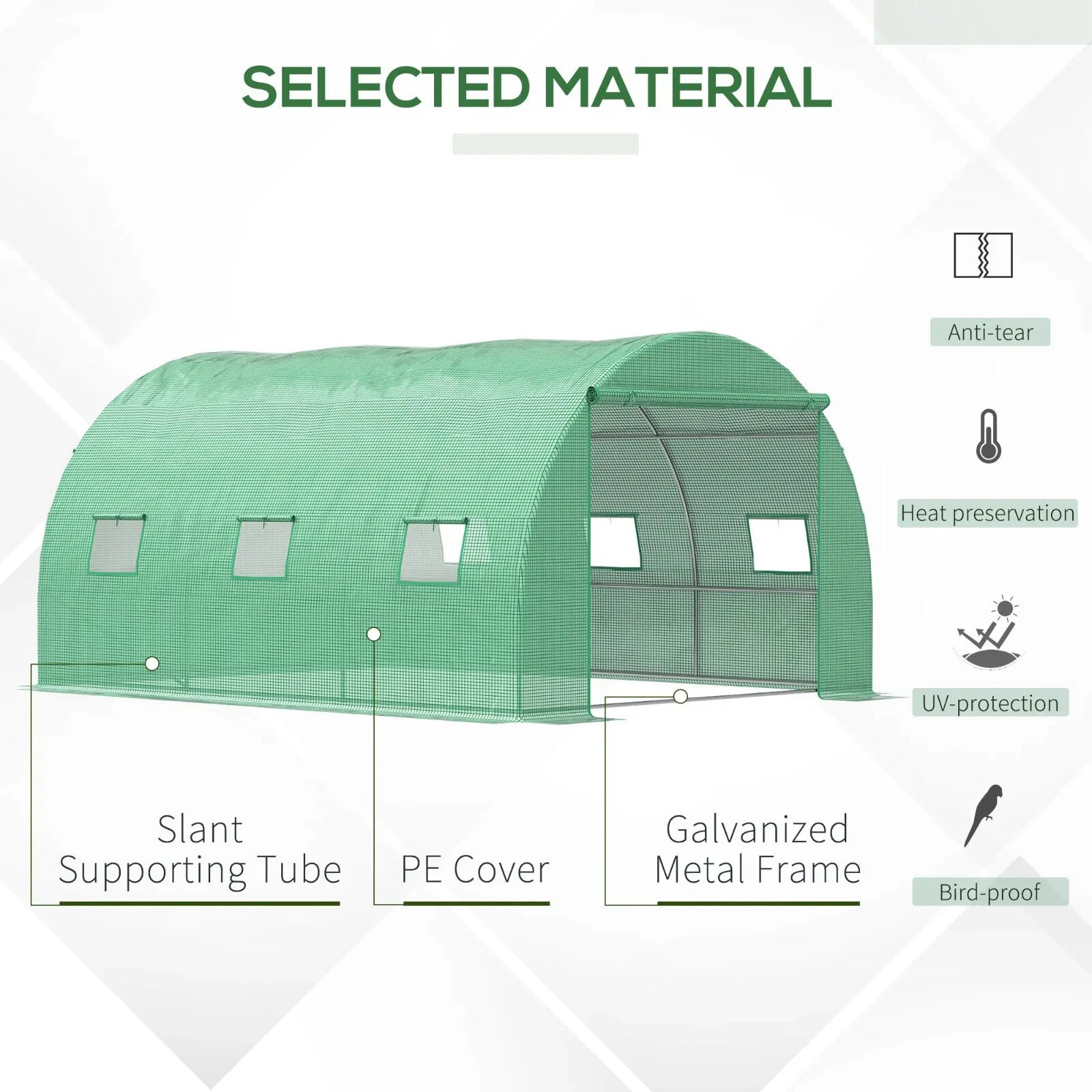 4 x 3m Walk-In Tunnel Greenhouse with PE Cover, Zipped Door and 6 Windows