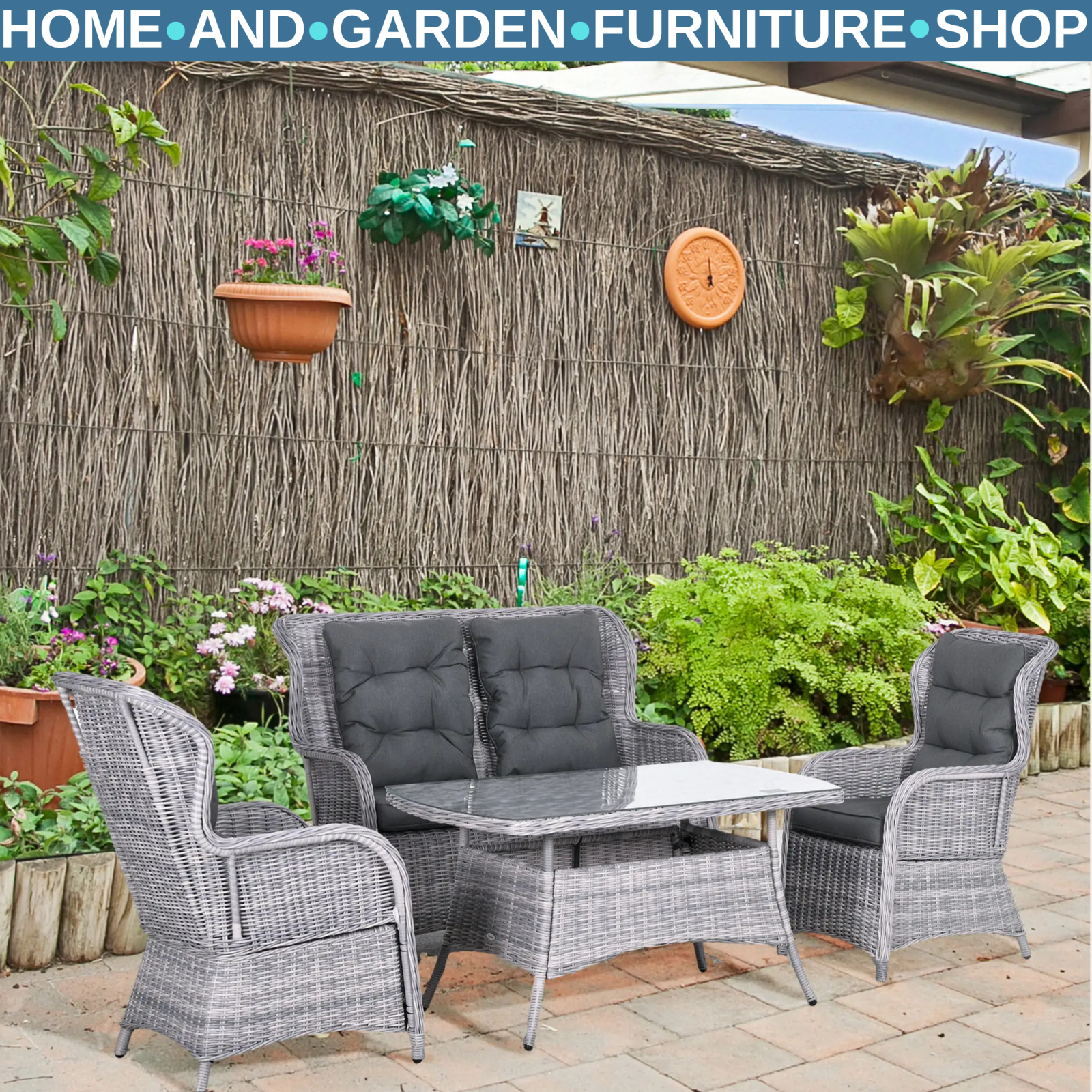 4 Seater Rattan Garden Furniture Set with High Back Chair & Tempered Glass Table