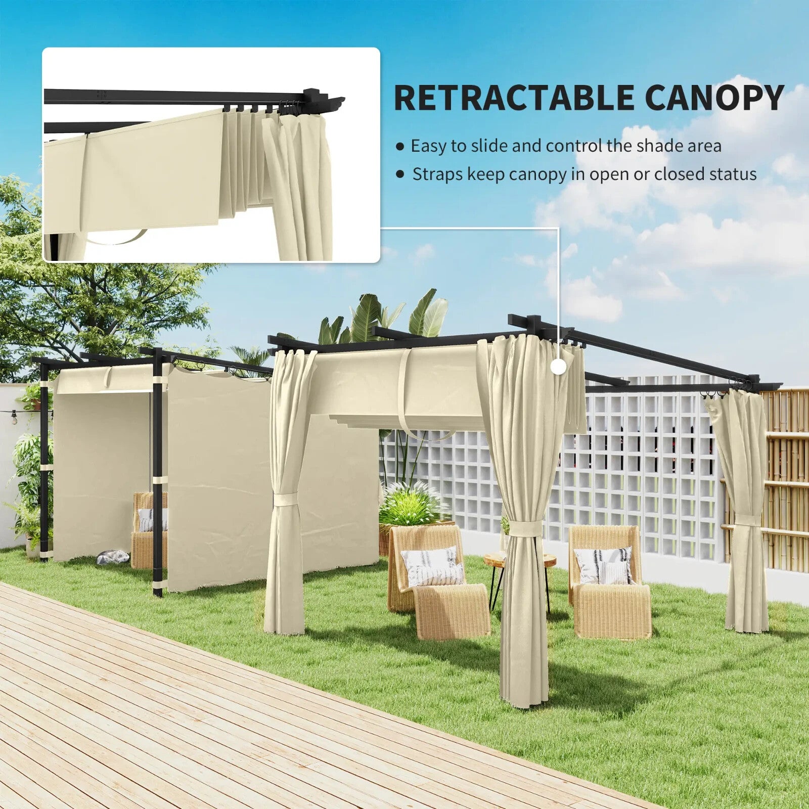 Metal Pergola 3 x 3 m Garden Gazebo Heavy Duty Frame Roof and Sidewall Sun Shade