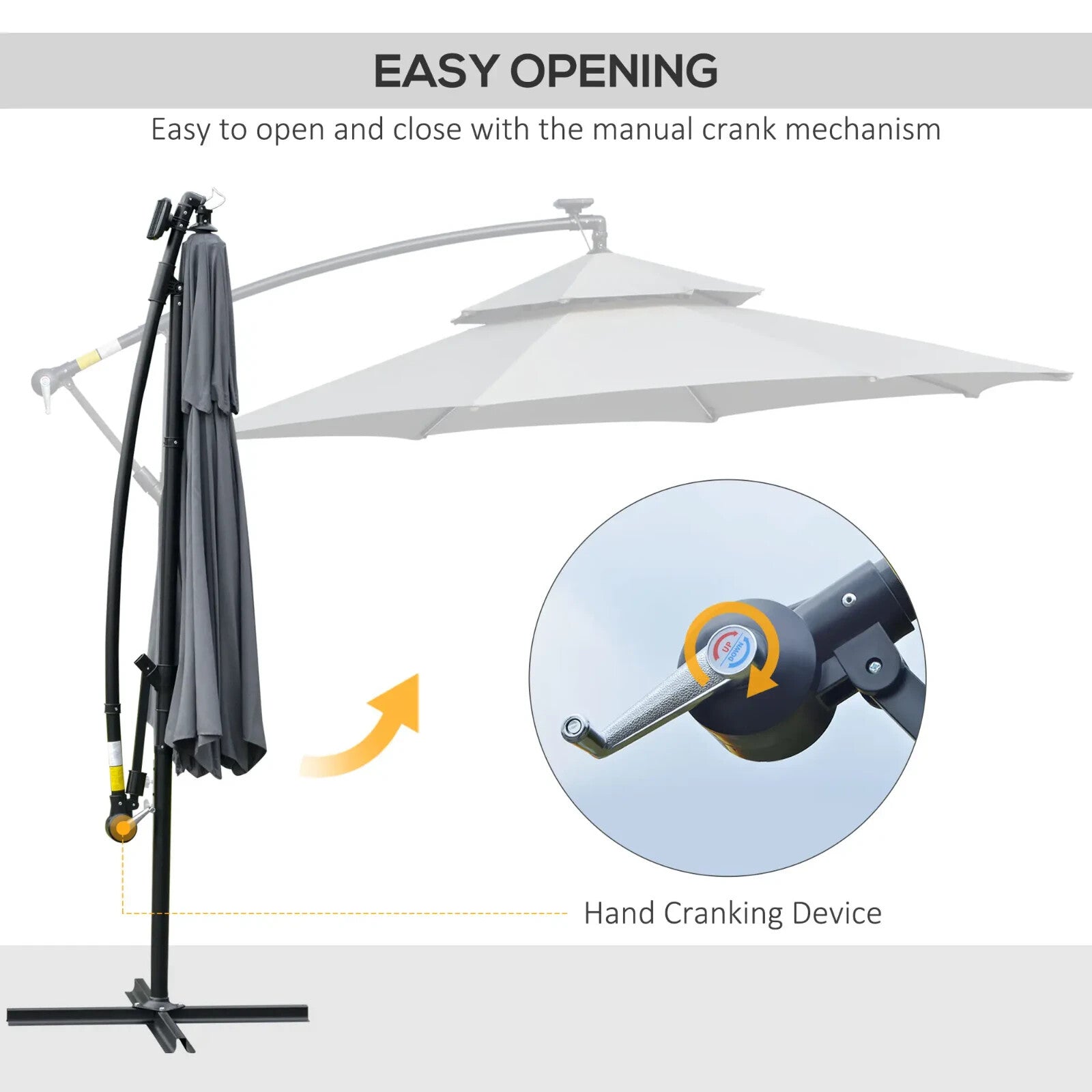 3m LED Cantilever Parasol Banana Hanging Umbrella with Solar Lights and Crank