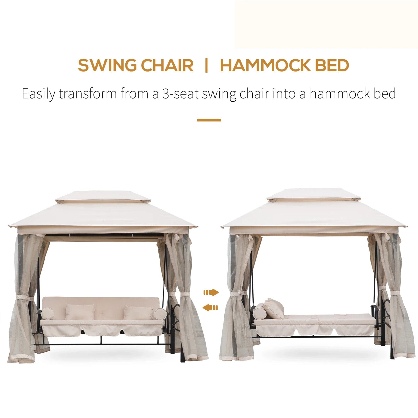 Hammock Swing Bench 3-Seater with 2-Tier Gazebo Canopy & Mesh Netting Beige