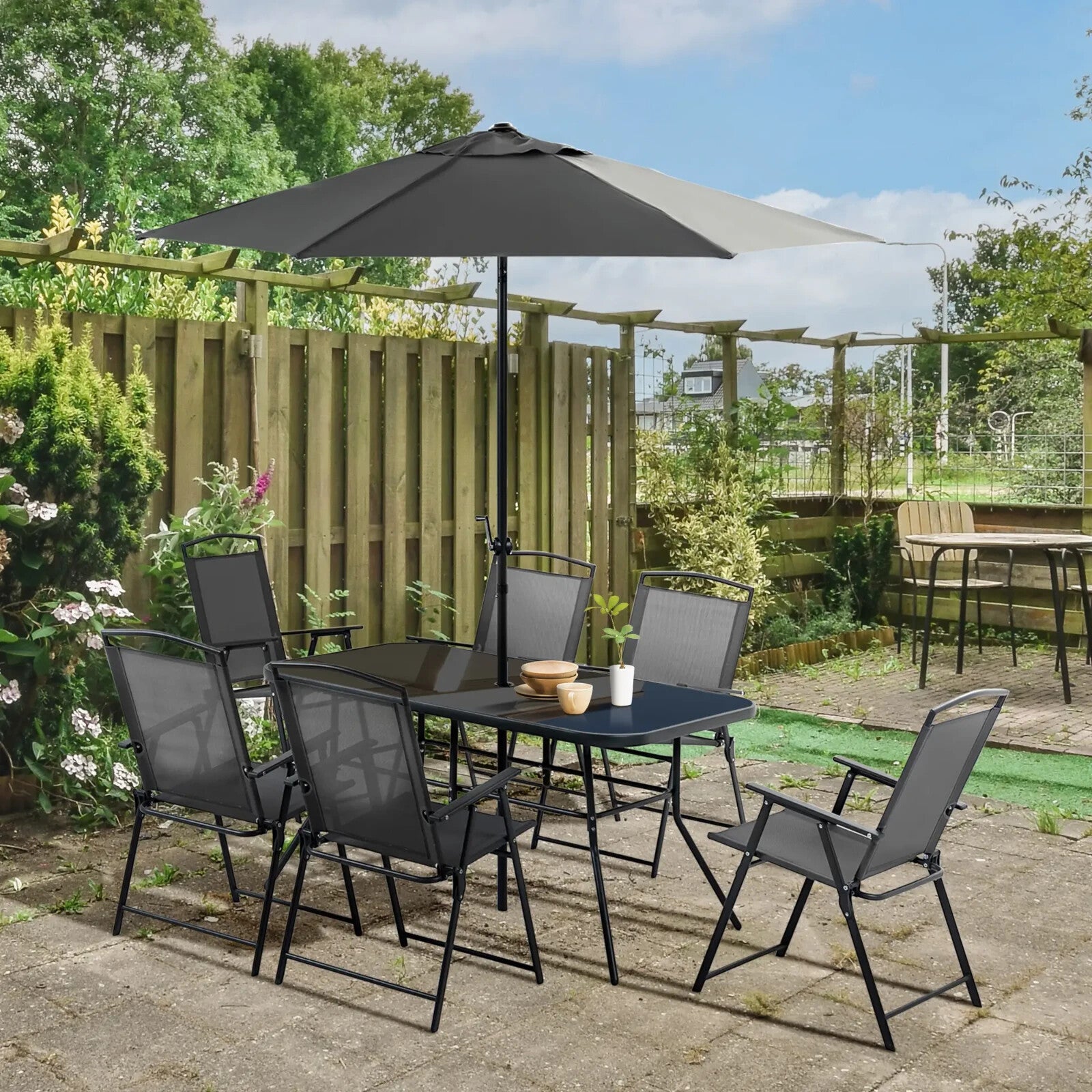 8 Pcs Metal Garden Furniture Set with Parasol Folding Chairs and 6 Seater Table