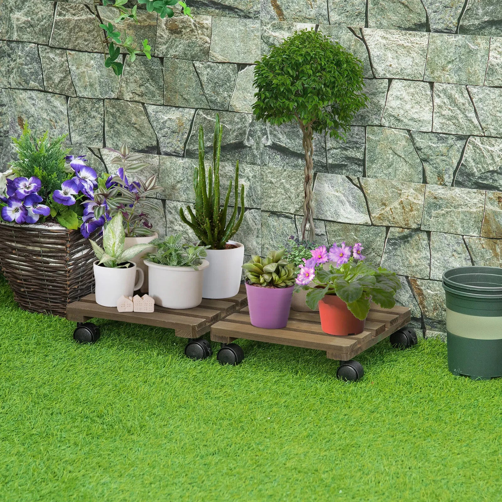 Flowerpot Holder Set of 2 Square Display Stand with Four Wheels Dark Brown